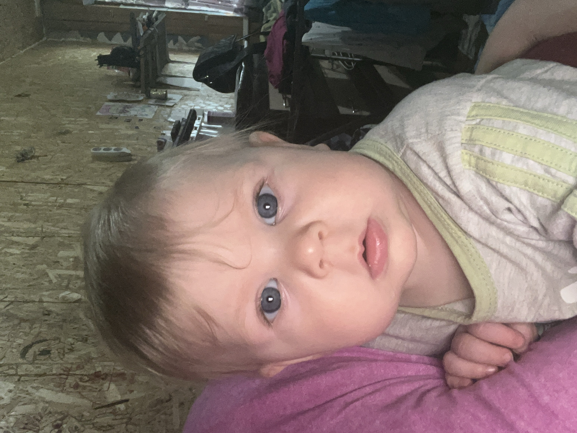 A close-up shot shows a baby with fair skin, light hair, and blue eyes. The baby is lying down on a pink surface and is wearing a light gray shirt with light green trim and stripes on the shoulder. The background appears to be a room under construction, with exposed wood and miscellaneous items. The location of Vesyoloye, Russia, cannot be determined from the image.