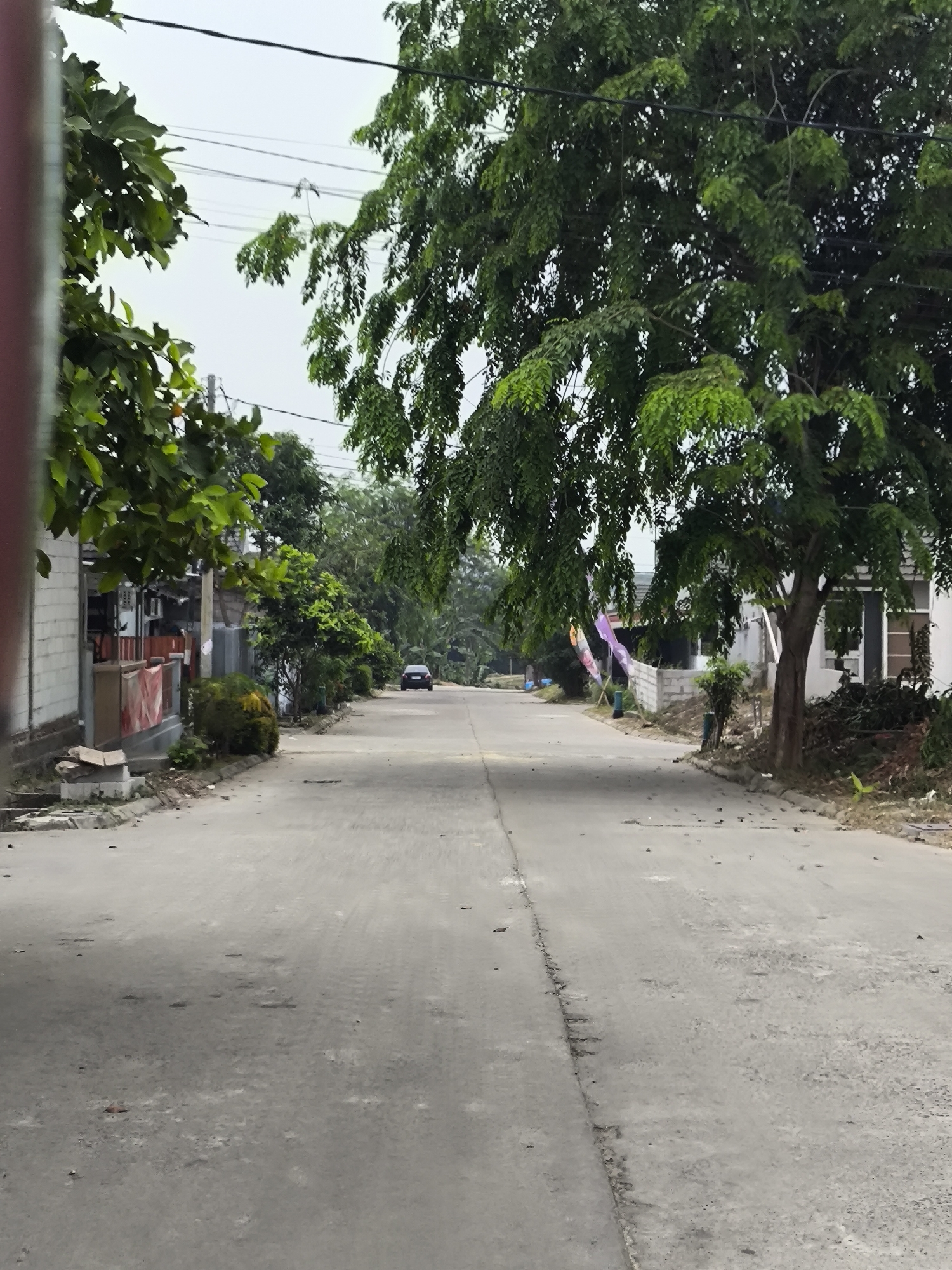 The image shows a street in Cilegon, Indonesia. The street is paved and appears to be in a residential area. There are houses on both sides of the street, and trees line the street. A black car is driving down the street in the distance. The sky is overcast. The overall impression is one of a quiet, suburban neighborhood.