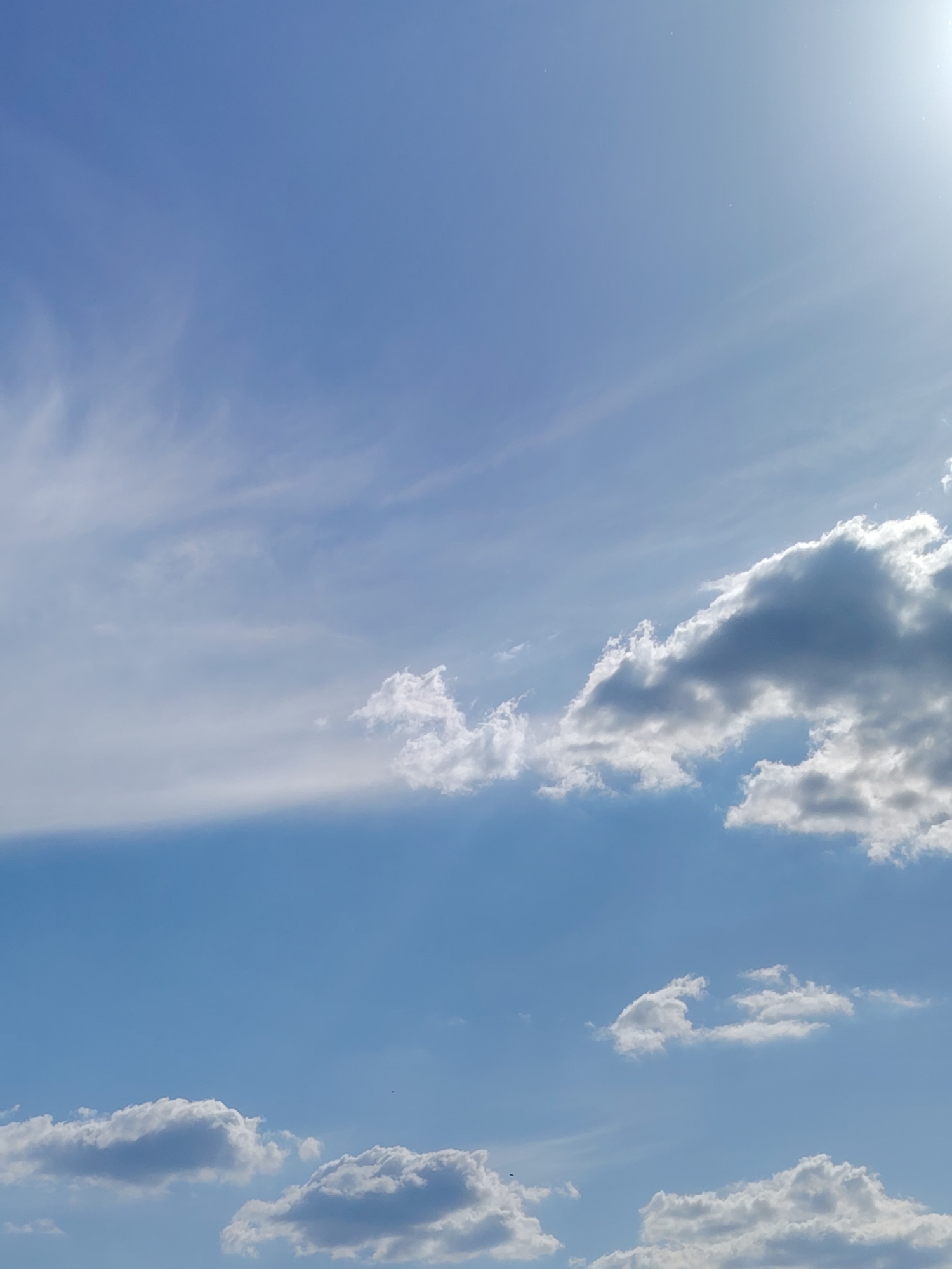 The image shows a bright blue sky with wispy cirrus clouds in the upper left and a few cumulus clouds scattered across the lower half of the frame. The sun is visible as a bright spot in the upper right corner. There is nothing in the image to indicate location within the city of Noviy, Russia.