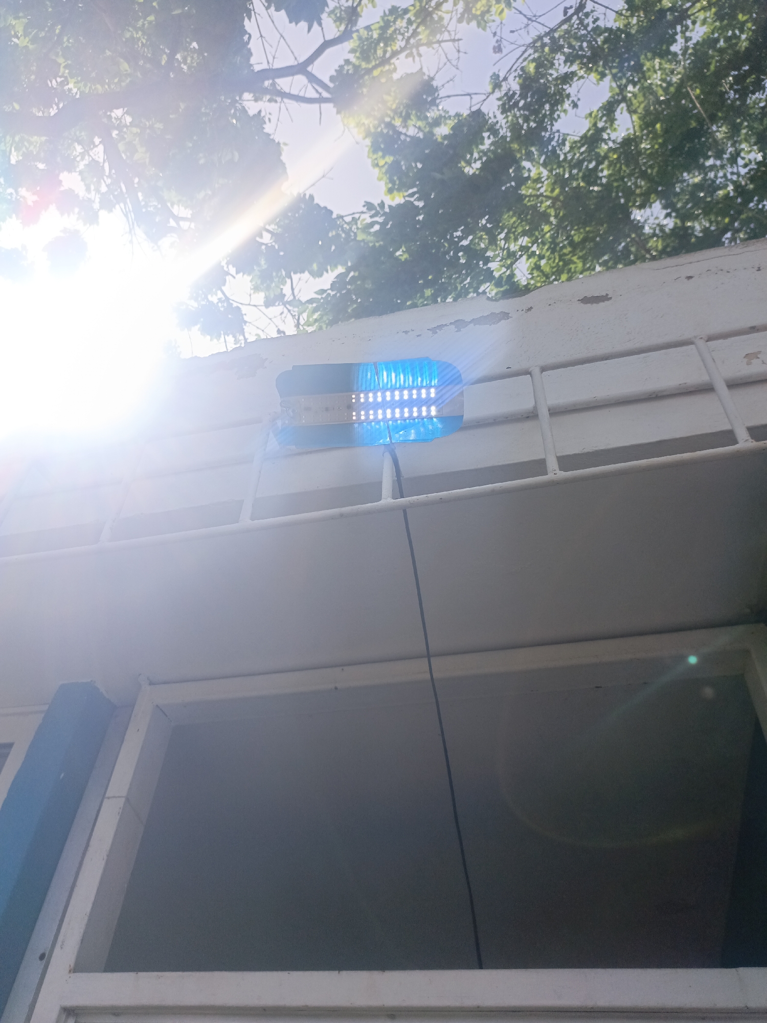 Captured from a low angle in Juan Griego, Venezuela, the scene presents an outdoor view dominated by an architectural structure, likely a building or a wall. The structure is painted white and exhibits a grid-like design at the top. A blue LED light is affixed to this grid. A thin black cable runs from the light down into the frame. Above the structure, green foliage and tree branches are visible against a bright sky, partially obscured by intense sunlight causing lens flare. The architectural structure appears weathered, with signs of wear and tear on its surface. The lower portion of the frame features a window or opening in the structure, revealing a dark interior. No people are visible in the scene.