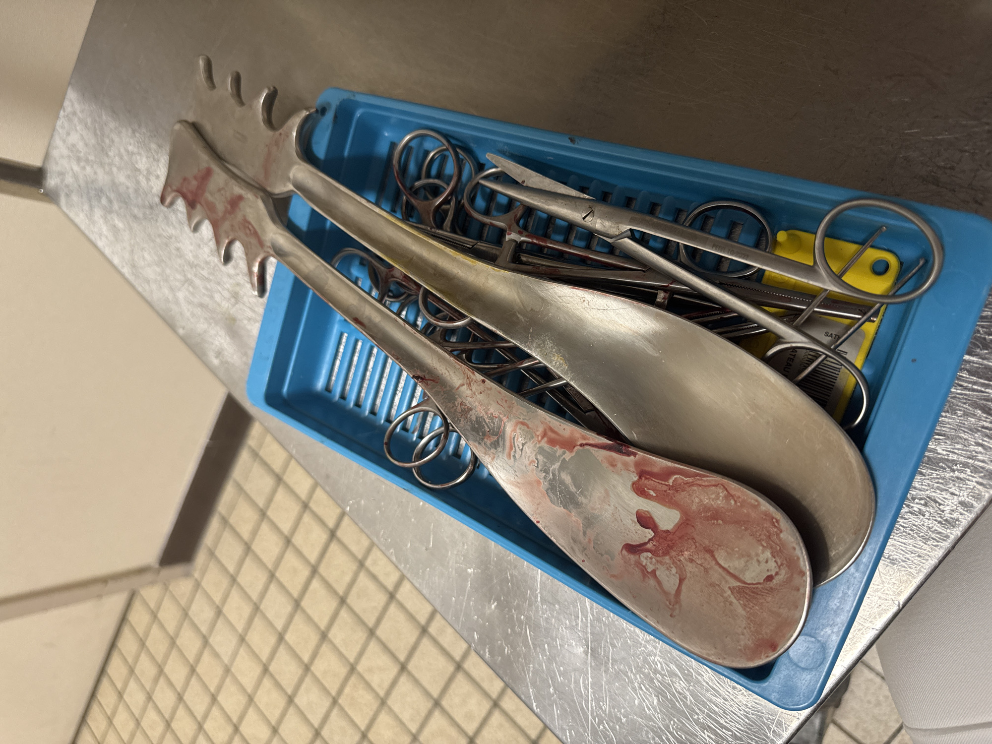 The image depicts a close-up view of a blue tray containing surgical instruments on a stainless steel surface. The instruments, which include what appear to be retractors and various types of forceps and scissors, are stained with what seems to be blood. The background shows a tiled floor and a portion of a wall, suggesting an indoor setting, likely a medical or veterinary facility. The location in Tourcoing, France, is not discernible from the visual information provided in the image.