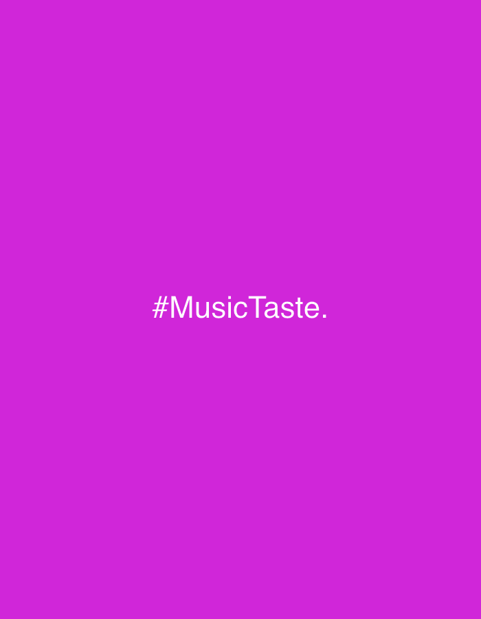 The image is a digital graphic featuring a vibrant, solid magenta background. Centered horizontally and vertically on this monochromatic canvas is the white text "#MusicTaste." in a sans-serif font. There are no other subjects, objects, people, or discernible scenes depicted. The image does not show any specific activity or event, nor does it provide any cues about the time of day, weather, or a physical location within Sofia, Bulgaria, or anywhere else. It is a simple, text-based graphic, likely intended for social media or digital communication, serving as a hashtag to categorize content related to musical preferences.