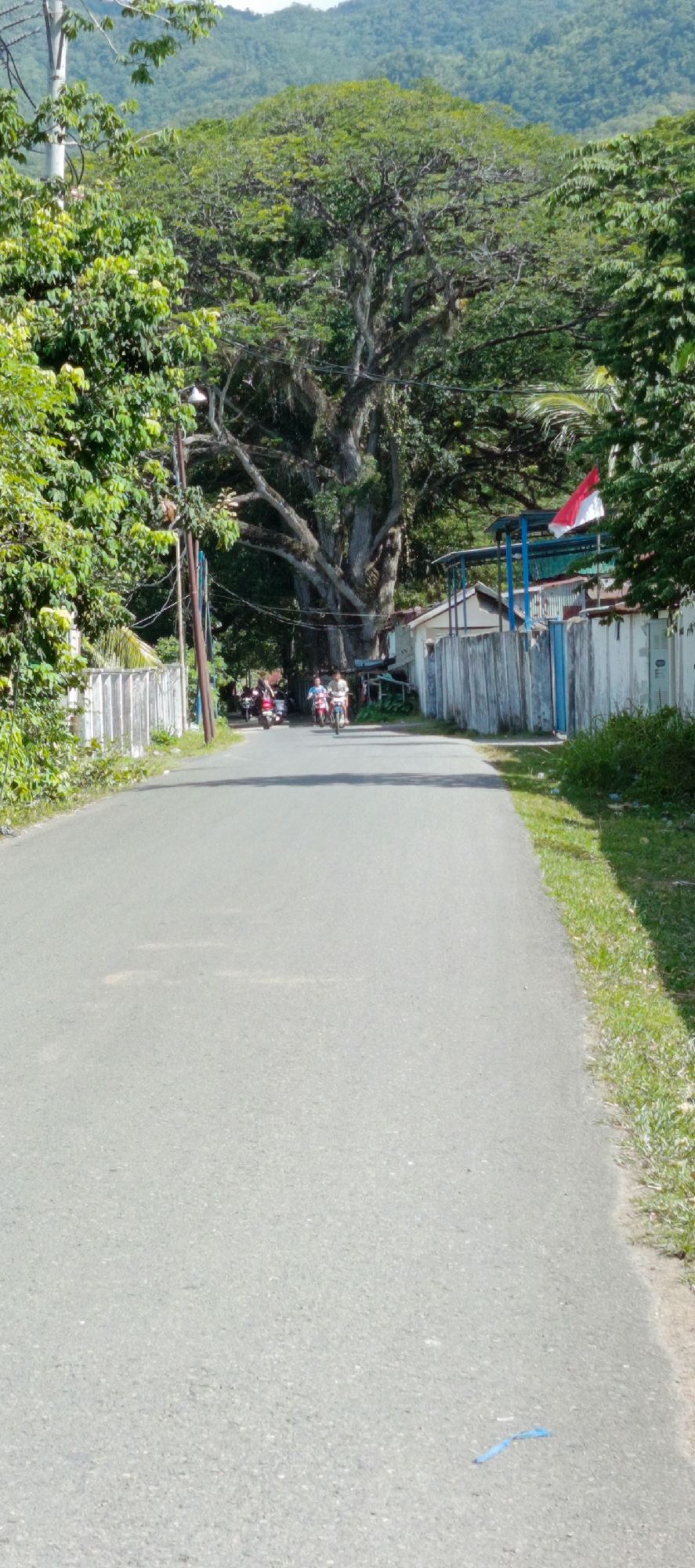 In Geundring, Indonesia, a paved road stretches into the distance, flanked by lush green trees and vegetation. The road has a slightly textured surface with some lighter patches indicating wear. On the left side of the road, a white fence runs alongside the trees, and a utility pole with wires is visible. On the right side, a white building with a corrugated metal roof and a light blue trim is present, also bordered by a white fence. An Indonesian flag, red and white, flies from a pole attached to the building. Several motorcycles are traveling on the road, with riders visible on some of them. In the background, rolling green hills are covered in dense foliage, creating a natural backdrop under a bright sky. Some litter, a small blue plastic object, is visible on the road surface in the foreground.