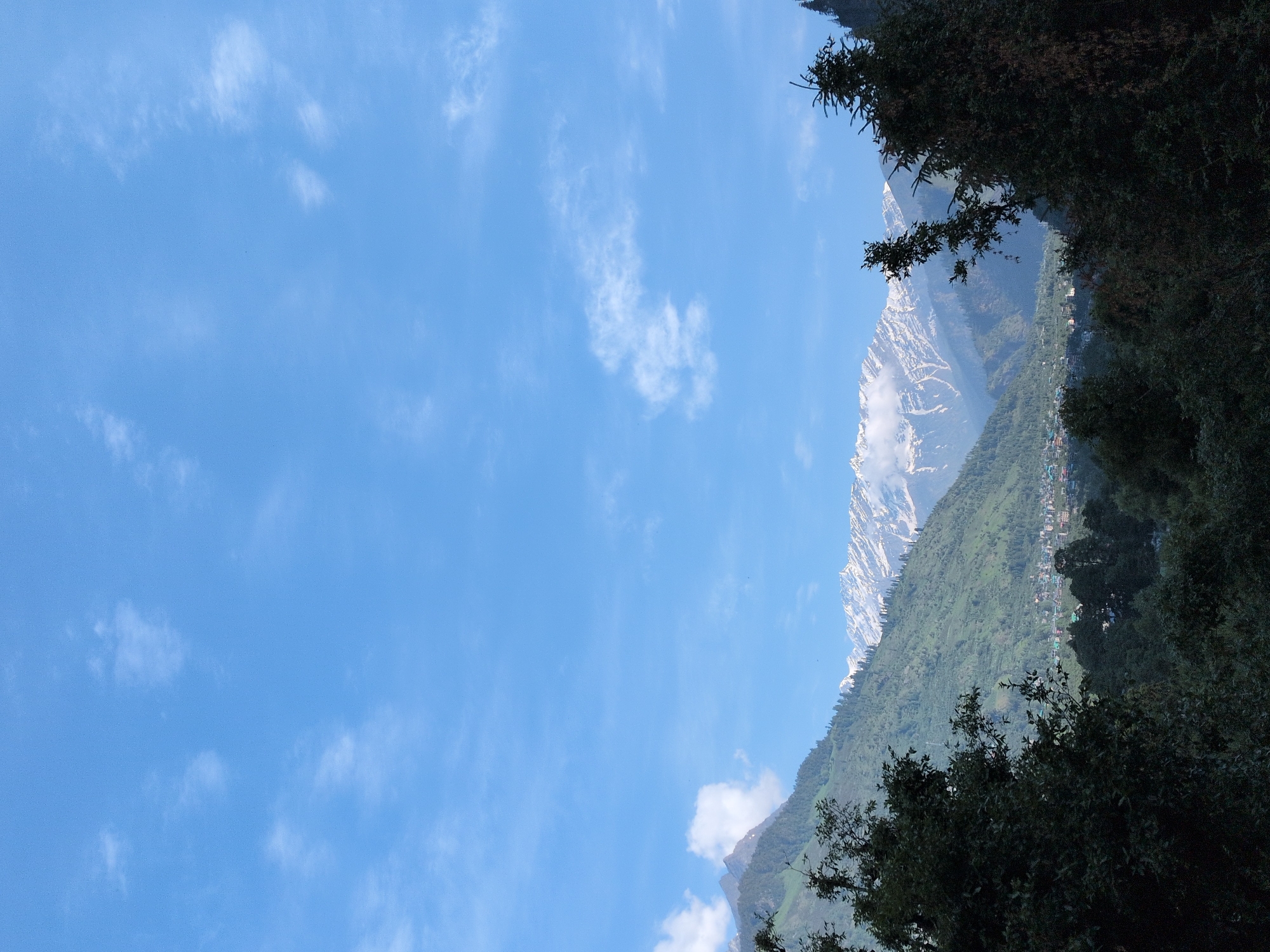 The image captures a panoramic view of a valley with snow-capped mountains in the background, likely in the vicinity of Vashisht, India, known for its natural beauty and proximity to the Himalayas. The foreground is dominated by lush green trees, some of which are dark and dense, obscuring the lower part of the scene. Beyond the trees, a verdant mountain slope stretches upwards, covered with dense coniferous forests and patches of lighter green vegetation. A small town or village is nestled in the valley below the slope, with buildings clustered together. The towering mountains in the distance are dramatic, with their peaks covered in snow and clouds swirling around them. The sky above is a clear, vibrant blue, punctuated by scattered white clouds, suggesting fair weather. The overall impression is one of a serene and picturesque mountain landscape.