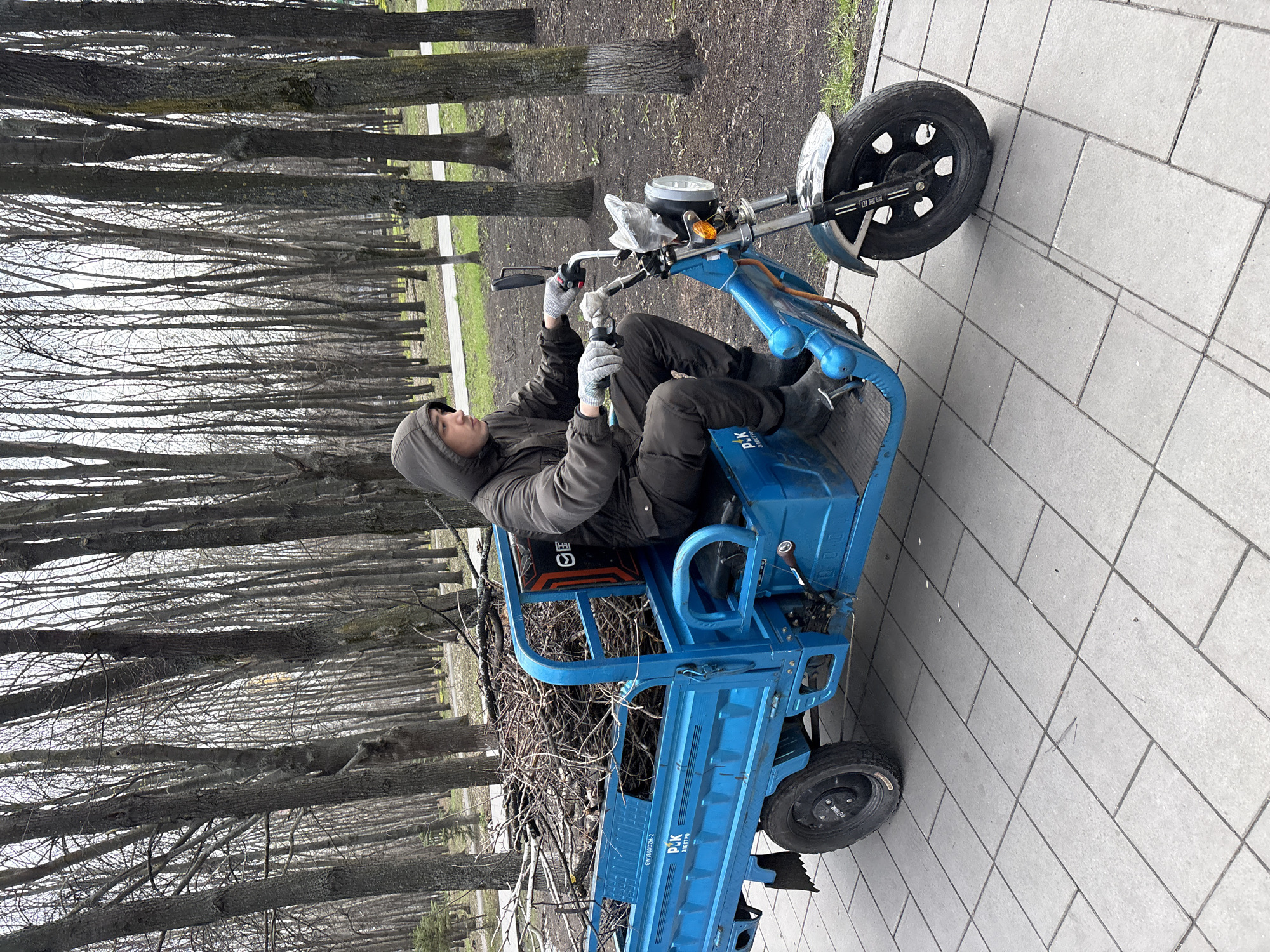 A person is sitting on a blue, three-wheeled electric cargo vehicle on a paved area in Ulyanovsk, Russia. The vehicle is loaded with branches and twigs in its cargo bed. The person is wearing dark clothing, a hooded jacket, and light-colored gloves. A line of bare trees extends into the background, typical of a park setting. The paved area is composed of large, light-gray rectangular tiles. The photo appears to be taken during a cloudy day or in low light conditions.