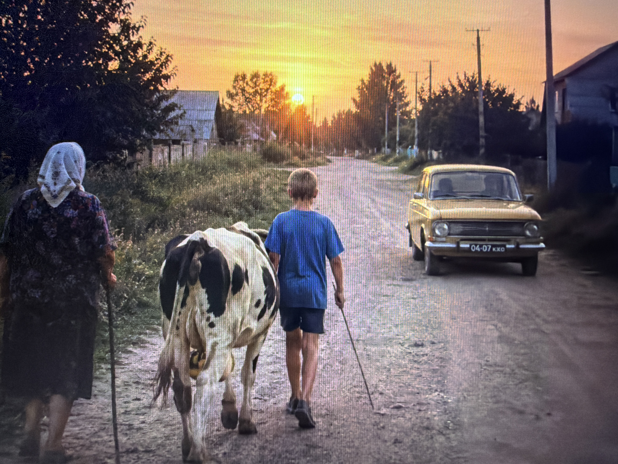 An elderly woman wearing a headscarf and a patterned dress walks with a cow down a dirt road. Beside her, a young boy in a blue t-shirt and shorts walks the cow with a stick. A yellow car is parked on the right side of the road. The scene is illuminated by a sunset, casting a warm glow on the environment. Houses and trees line the road, suggesting a rural or semi-rural setting.