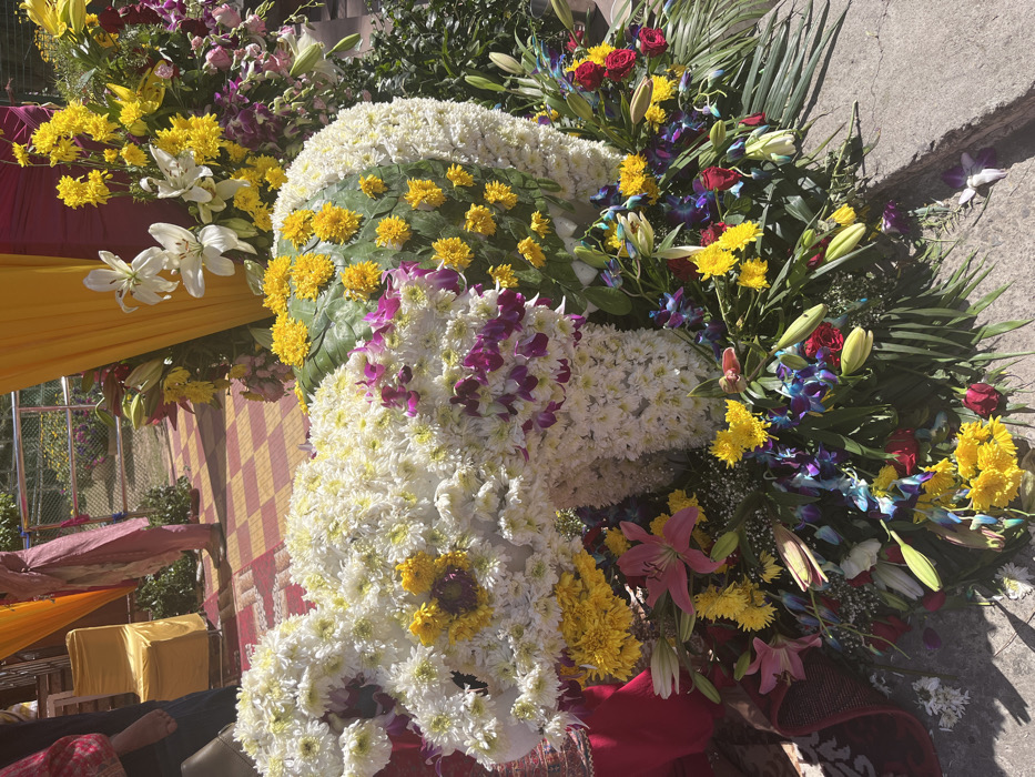 The image shows a floral elephant sculpture made of white chrysanthemums, purple orchids, yellow flowers, and green leaves. It is situated on a paved patio in front of a building adorned with yellow and red drapes. The sculpture is surrounded by various flowers, including yellow roses, pink lilies, and blue orchids. The scene appears to be part of a celebration or festival. The coordinates (30.724, 76.86) pinpoint the location as Panchkula, India.