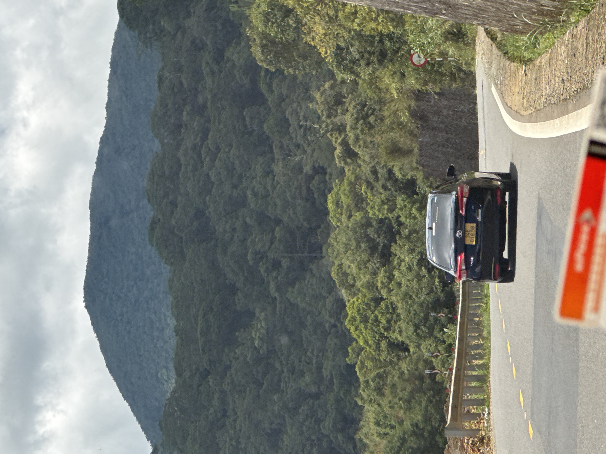 The image shows a black sedan driving on a winding road in a mountainous, forested area. The car is positioned in the center of the frame, heading away from the viewer. The road has yellow lane markings and a concrete barrier on the left side. On the right side, there is a stone wall and vegetation. In the background, a large, densely forested mountain rises under a cloudy sky. There is a traffic sign on the right side of the road. The scene appears to be in or near the city of Lac Duong, Vietnam, a region known for its highland scenery and coffee plantations. The overall impression is one of travel through a natural, scenic landscape.