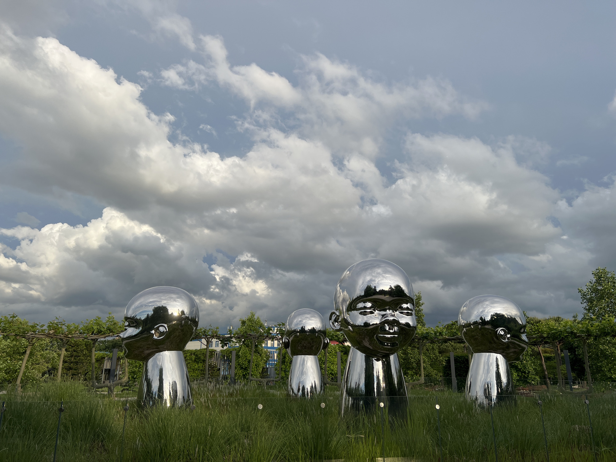 The image shows four stainless steel baby head sculptures in a grassy field. The sculptures vary in size, with the tallest being in the center. The heads are reflecting the sky and surrounding foliage. Behind the sculptures is a trellis covered in green plants. Beyond the trellis is a building, possibly two stories tall, with a light blue facade. The sky is overcast with cumulonimbus clouds. The location is likely Krasnodar, Russia, based on the "Monuments" database.