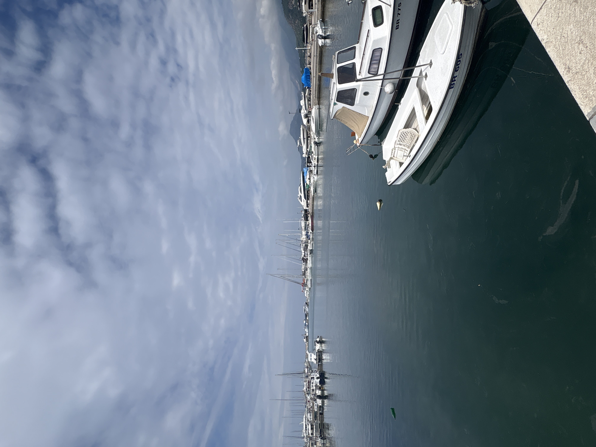The image depicts a marina in Bar, Montenegro. A row of boats of various sizes and types are docked along a concrete quay. The sky is partially covered with clouds. The water is calm, reflecting the boats and the sky. In the foreground, two white boats are docked, labeled "BR 775" and "BR 605" respectively. In the background, a mountain range is visible.