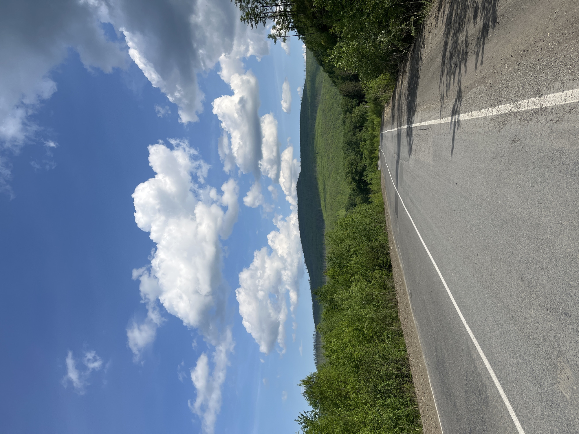 A paved road with a white line marking the center and a gravel shoulder is seen in the foreground, stretching into the distance. The road is flanked by dense green foliage on either side. In the background, rolling hills covered in trees rise up towards a bright blue sky filled with fluffy white clouds. The scene appears to be a rural or mountainous area in Russia. There are no people or animals visible in the image.