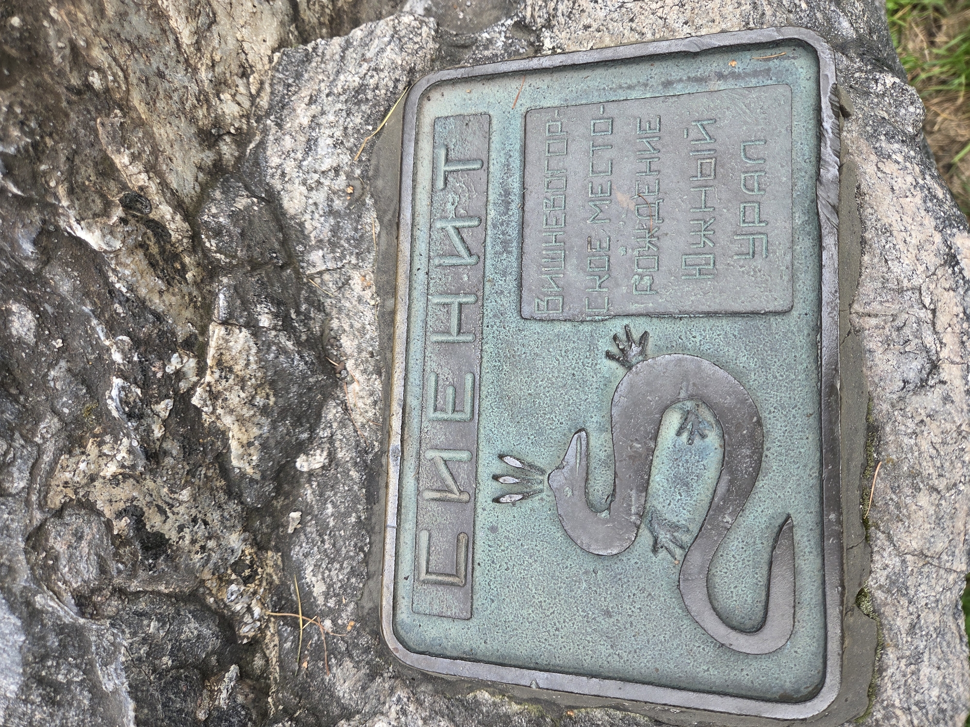The image shows a bronze plaque attached to a rock. The plaque has an embossed inscription in Russian and a relief of a serpent-like creature with a crown. The inscription reads: "СИЕНИТ", "ВИШНЕВОГОР-", "СКОЕ МЕСТО-", "РОЖДЕНИЕ", "ЮЖНЫЙ", "УРАЛ". This likely refers to the mineral syenite and its place of origin, the Vishnevogorsky region of the Southern Urals. The plaque appears to be a geological marker or monument. The surrounding environment is rocky and appears to be outdoors, possibly in a natural setting or a park. There are no people or animals visible in the image. The rock itself is rough and textured, with various shades of gray and white. The plaque is green with age and oxidation.