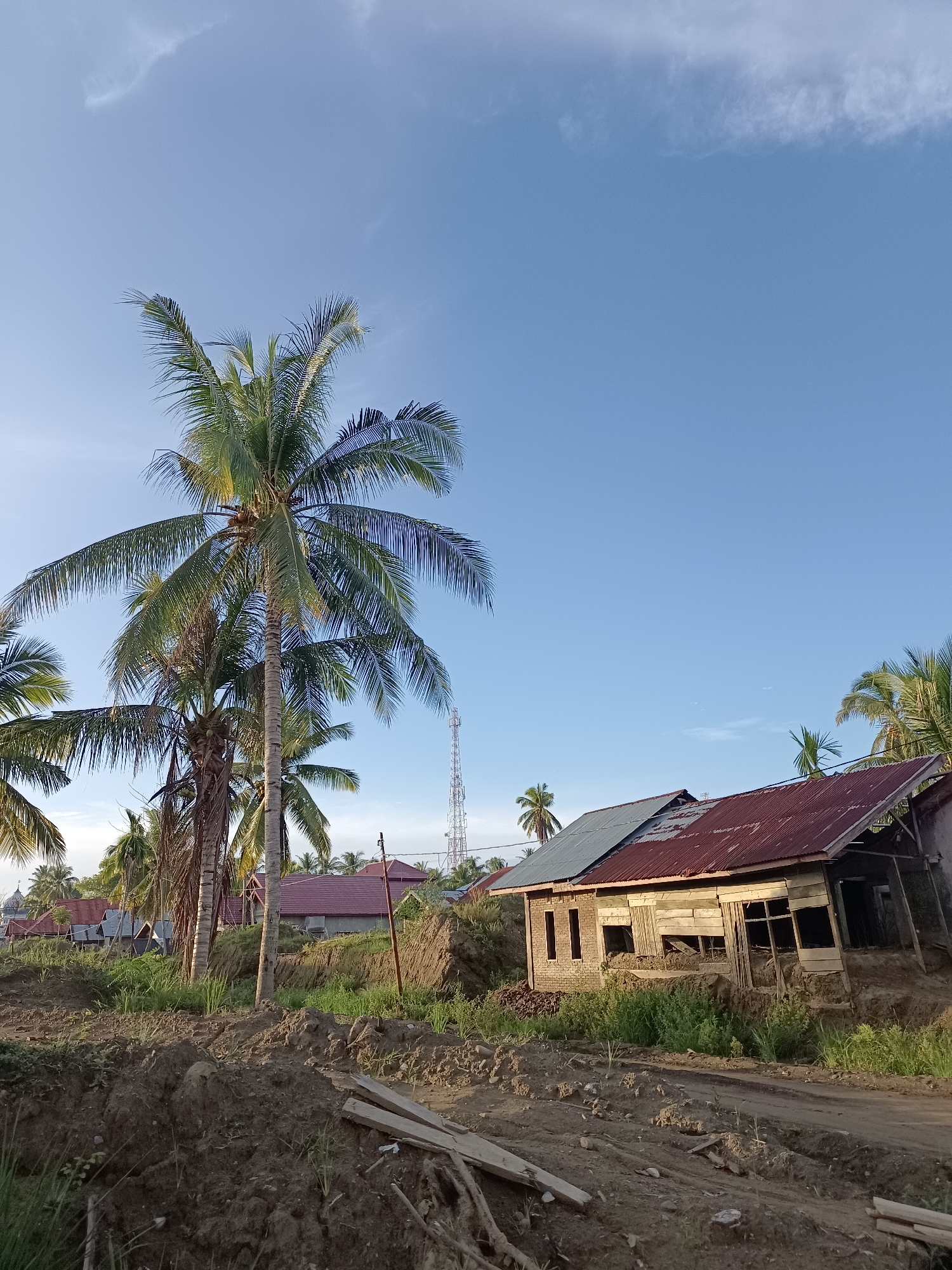 The image depicts a rural scene in Meunasah Raya, Indonesia. In the foreground, a dirt path is visible, with piles of soil and some discarded wooden planks. To the right, an unfinished or damaged wooden house stands, with its roof partially covered by corrugated metal sheets. The walls are made of brick and wood, and the windows are open. To the left of the house, tall palm trees dominate the scene, with their fronds extending towards the clear blue sky. In the background, several other buildings with red-tiled roofs and a tall communication tower are visible. The overall environment appears to be undeveloped, with vegetation growing around the structures. The lighting suggests it is either early morning or late afternoon.