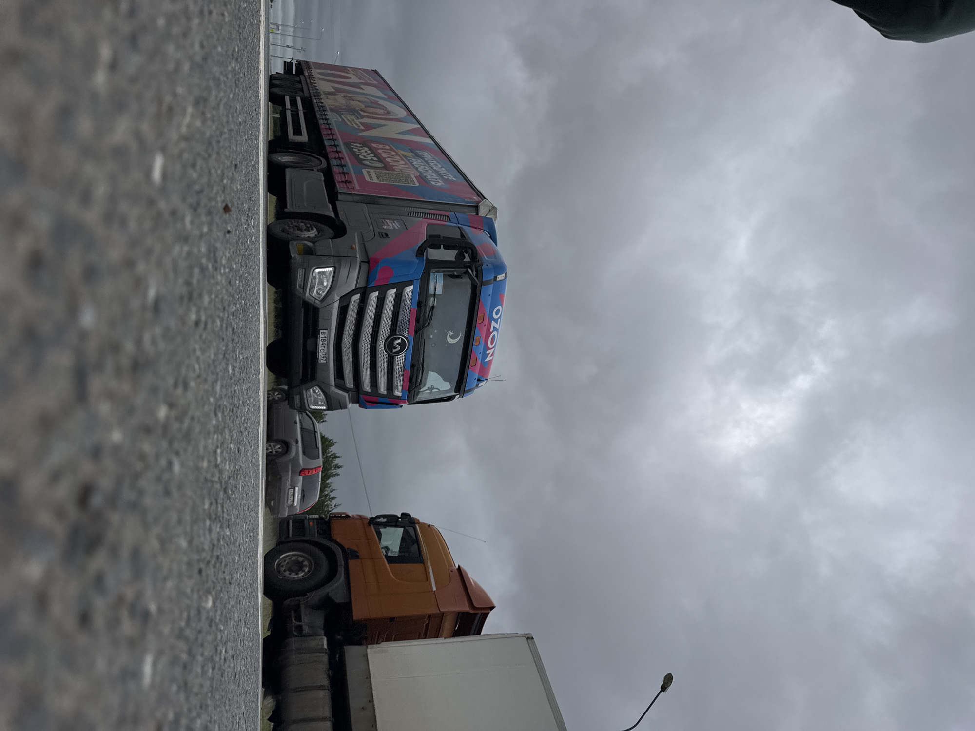 The image shows a wide-angle, low-angle shot of two trucks on a road under a cloudy sky. The truck on the left is dark grey with a colorful graphic design, including the logo "OZON" and text in Russian. The truck on the right is orange and has a white trailer. A grey SUV is visible between the two trucks. The road is paved and appears to be asphalt. In the background, trees are visible and a lamppost is present on the right side of the frame. The scene is consistent with a view from a road in or near Alnashi, Russia, a settlement known for its transportation infrastructure. There are no people clearly visible in the frame.
