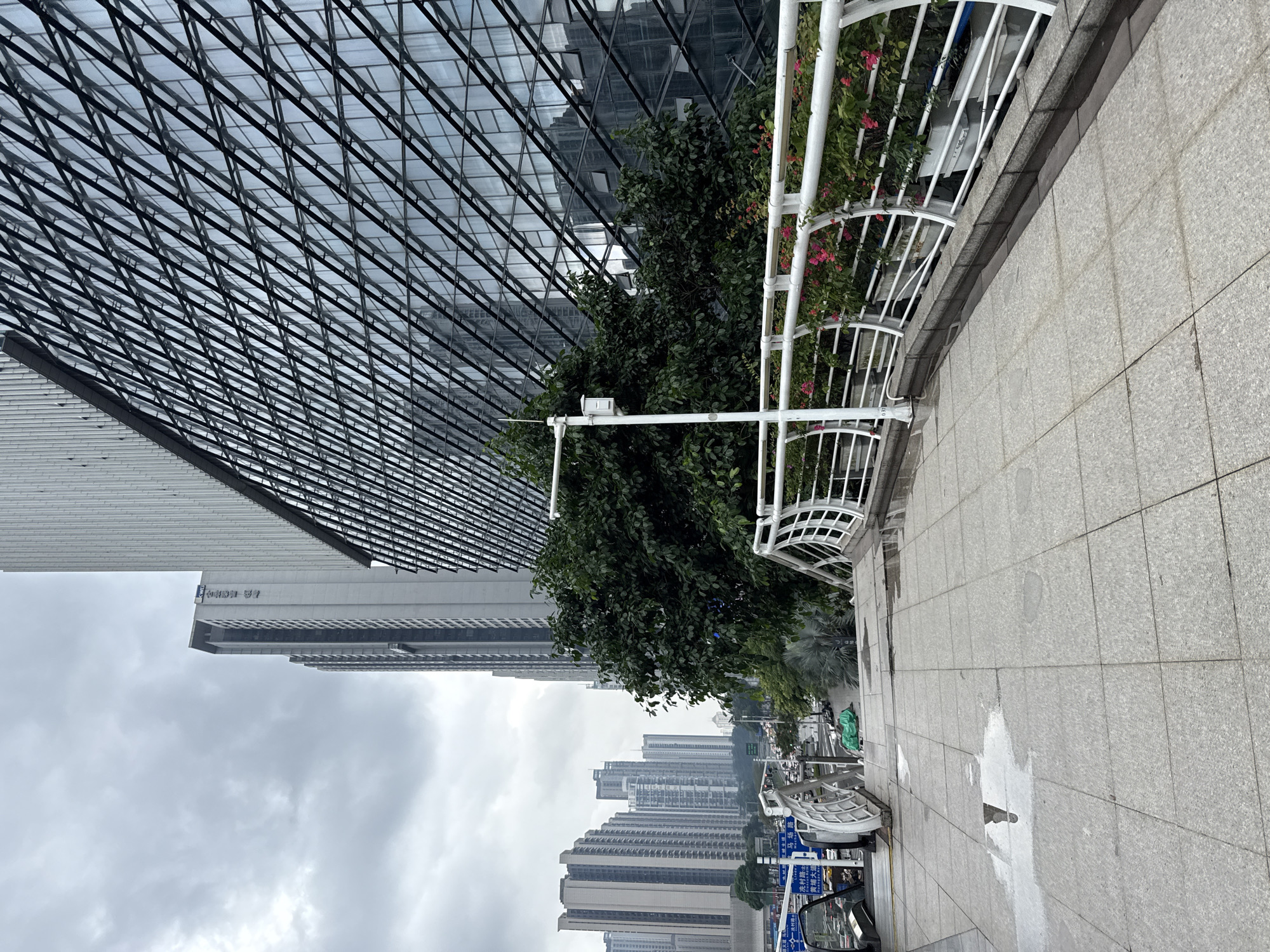 The image captures a street scene in Tianhe District, China, under an overcast sky, suggesting a cloudy or rainy day. A modern building with a grid-like glass facade dominates the left side of the frame, reflecting the surrounding environment. In the foreground, a tiled pedestrian walkway is visible, with several puddles indicating recent rainfall. To the right of the walkway, a white metal railing encloses a planter filled with lush green foliage and small pink flowers.
Beyond the immediate walkway, a street lined with trees and more modern high-rise buildings stretches into the distance, under a hazy sky. Several vehicles are present on the street, including what appears to be a portion of a car and a motorbike. Blue and white signs with Chinese text are visible along the street, providing directional or informational cues. The overall atmosphere is urban and somewhat muted due to the cloudy weather. No people are clearly visible in the image. The perspective suggests the photo was taken at street level, looking slightly upwards towards the buildings and along the walkway.