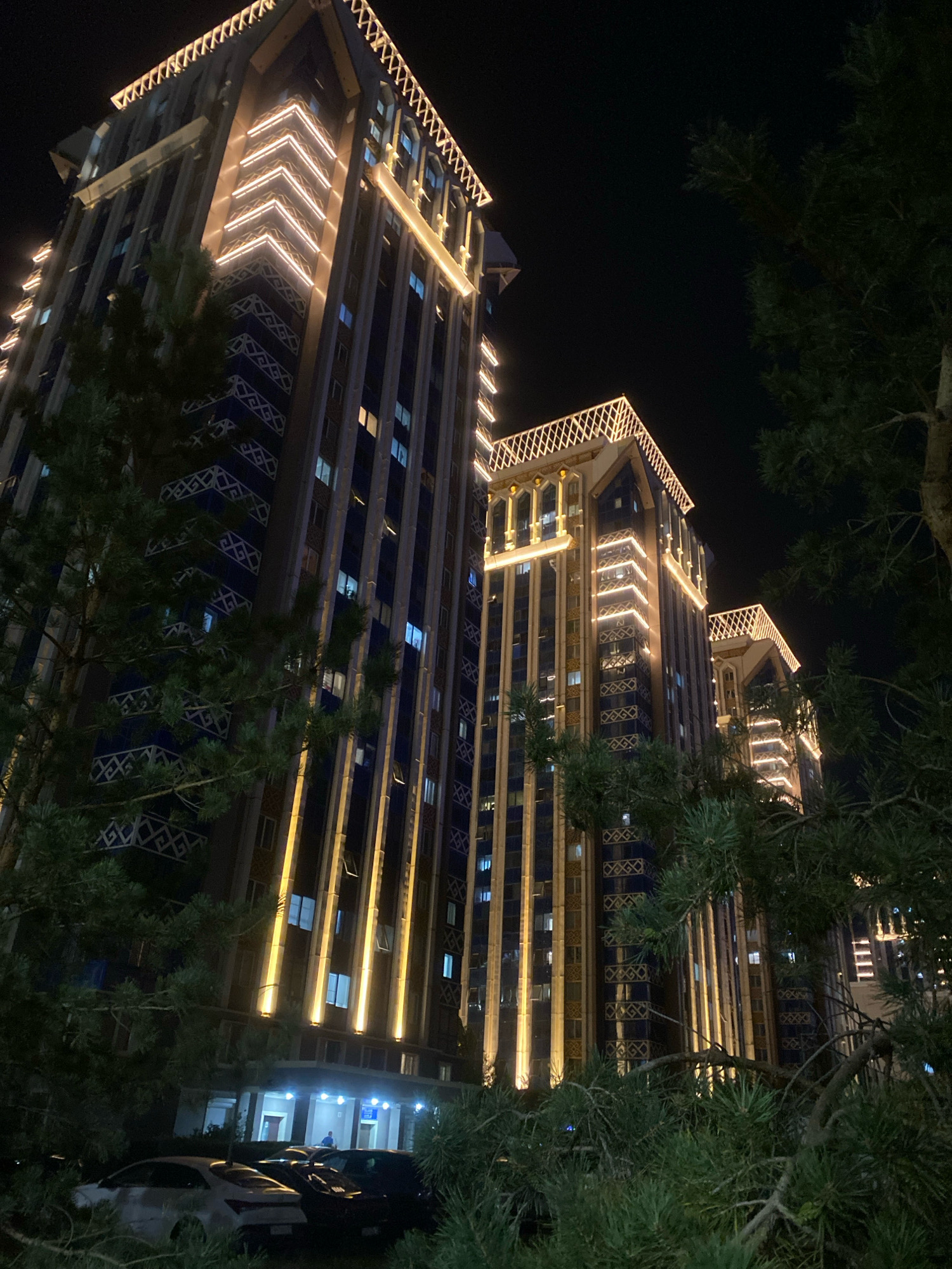 At night in Astana, Kazakhstan, two illuminated high-rise buildings are visible, partially obscured by the branches of coniferous trees in the foreground. The buildings are adorned with warm yellow decorative lights along their edges and vertical stripes. Their facades are dark blue with a patterned design. Several windows on the buildings are lit. Below the buildings, a street level view reveals parked cars and an entrance to one of the buildings where a single person in a blue shirt stands.
