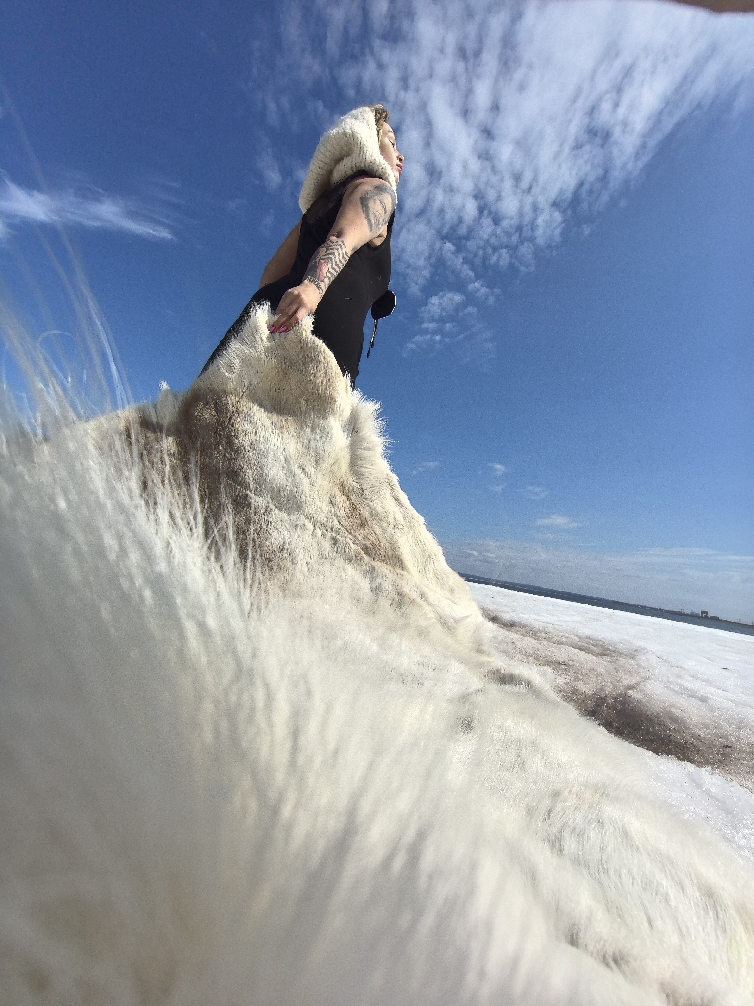 A low-angle photograph captures a woman posing outdoors with a large, light-colored fur object. The woman stands in the midground, looking upwards and to the right against a clear, vibrant blue sky dotted with scattered white, wispy clouds. She has blonde hair, partially covered by a white, possibly knitted or fur-lined hood or scarf. She is wearing a dark, sleeveless top or dress. Her left arm is visible, covered in intricate tattoos, while her right hand, adorned with pink nail polish, rests on the fur. Her profile suggests a serene or contemplative expression.
The fur object, which dominates the foreground and extends into the midground, is predominantly white, cream, and light brown with a thick, shaggy texture, possibly a large animal hide or blanket. Beyond the fur and the woman, the ground appears to be a snowy or icy landscape with patches of brown earth or slush, leading to a distant, flat horizon. The bright sunlight suggests a clear day, though the presence of snow and fur indicates a cold environment. The setting appears vast and open, consistent with the reported location of Noviy, Russia. No text is visible in the image.