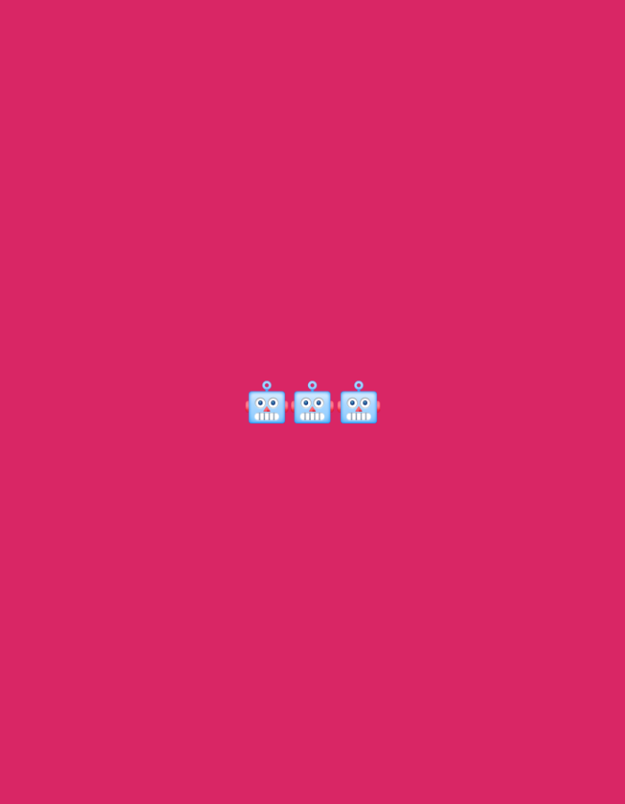 The media file features a plain, solid pink background with three identical blue robot emojis positioned in the center. Each robot emoji has round eyes and a smiling mouth with vertical lines. The robots are aligned horizontally, with a small gap between each one. There are no other objects, people, or discernible elements in the scene. The image does not provide any clues about the time of day, weather, or location, other than the general context of Homyel, Belarus. No text is visible in the image. The overall impression is simple and minimalist, focusing solely on the repetition of the robot emoji against the vibrant background.