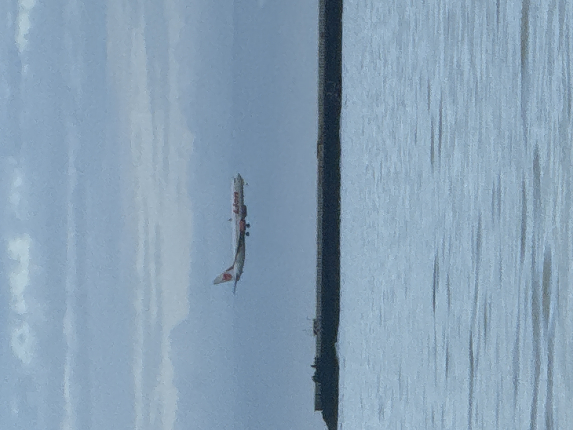 The image, when viewed in its correct horizontal orientation, displays a commercial airplane flying over a body of water. The left side of the frame is dominated by a bright, light blue sky with subtle variations in cloud density. The right side features a wide expanse of water, characterized by soft ripples and textures that suggest either a calm sea or reflections. A dark, straight, vertical band acts as a visual divider between the sky and the water, possibly indicating a distant coastline, a pier, or a large structure. Very small, indistinct shapes are visible along this dark line, perhaps distant buildings or vessels.
The main subject is the airplane, positioned towards the center-left of the image. It is predominantly white with red markings on its tail fin and engine nacelles. The word "Lion" is distinctly visible in red lettering along its fuselage, identifying it as a Lion Air aircraft. The plane appears to be in mid-flight, cruising horizontally at a moderate altitude.
The scene is set during the daytime under clear weather conditions, indicating good visibility. The presence of a Lion Air plane and the specified location context of Kuta Selatan, Indonesia, strongly suggest that this is a coastal view in Indonesia, likely depicting an aircraft flying over the ocean, possibly in the vicinity of Bali. The photograph appears to be taken from a slightly elevated perspective, looking out towards the horizon.