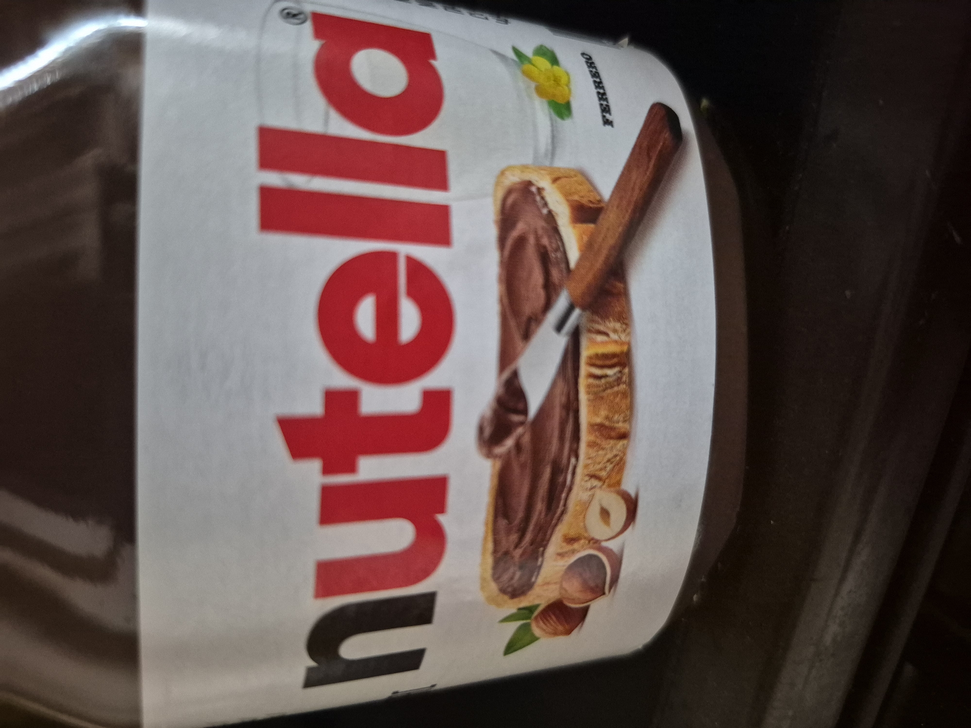The image displays a close-up, tilted view of a large jar of Nutella hazelnut spread. The prominent white label features the brand's iconic red "Nutella" logo in bold, stylized lettering that extends across most of the label. Above this, near a small yellow flower illustration, the word "FERRERO" is printed in smaller black capital letters.
The central graphic on the label depicts a slice of bread covered with a generous layer of Nutella. A silver knife, with a brown handle and its blade coated in the chocolate spread, is shown resting on the bread, conveying the act of spreading. Below the bread, several hazelnuts are illustrated, including whole nuts, shelled kernels, and a few with green leaves, highlighting the product's key ingredient.
The jar itself is made of transparent material, revealing the dark brown spread inside through the uncovered sections. Reflections of light are visible on the curved surface of the jar to the left of the label, indicating a glossy finish. The background is dark, out-of-focus, and indistinct, suggesting an indoor setting such as a shelf or cupboard. The photograph is slightly blurry, and the composition is angled as if the jar is on its side or the camera was tilted during capture. No specific location cues are visible within the image beyond the internationally recognized product branding.