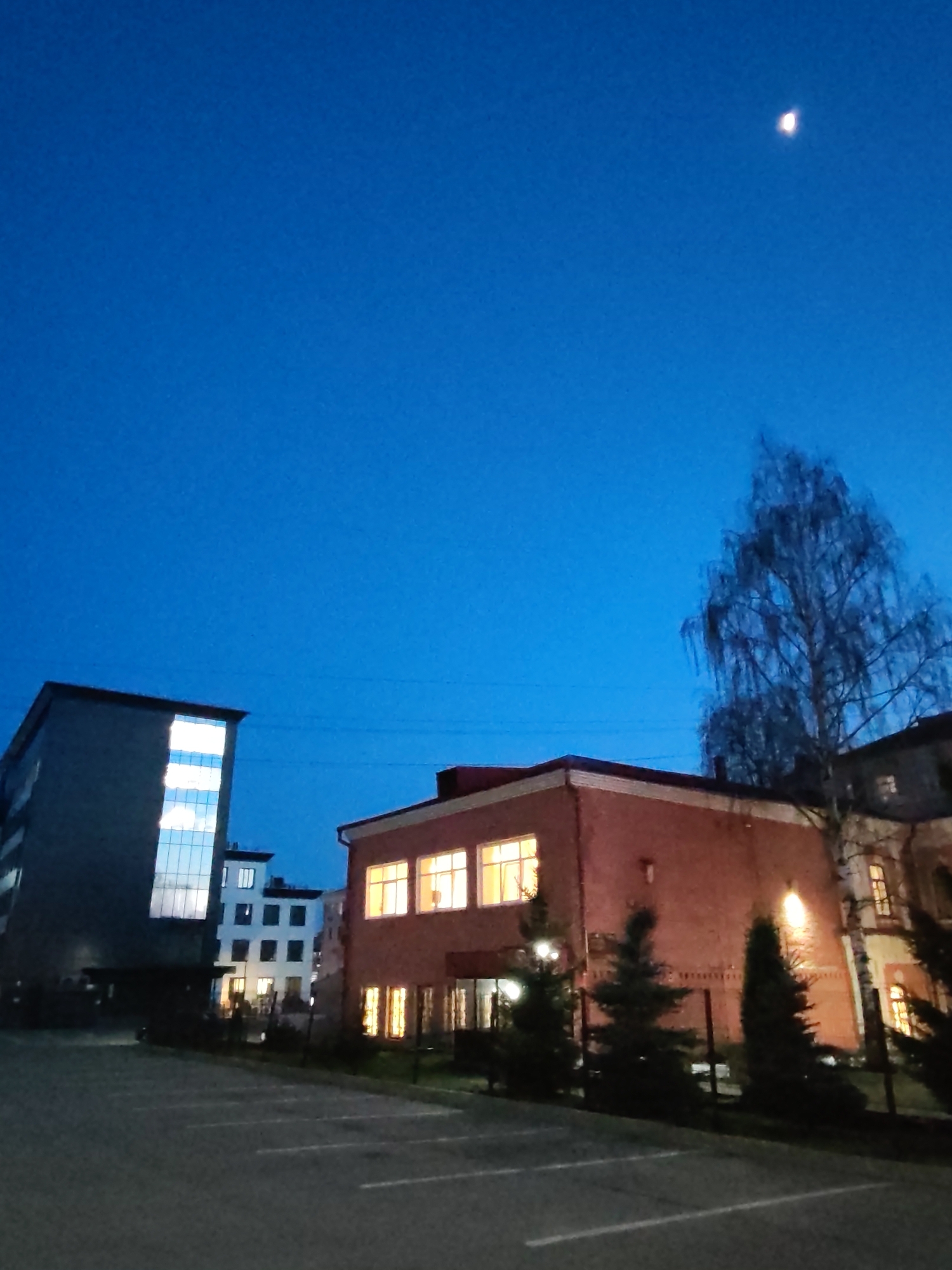 The image depicts an urban or suburban evening scene in Izhevsk, Russia, characterized by a clear, deep blue sky transitioning from dusk to night. A bright crescent moon is visible in the upper right quadrant of the sky.
The scene features several buildings and vegetation. On the left, a modern, multi-story building with a dark facade has large windows that glow with bright, possibly reflected light. To its right and slightly behind, a smaller, lighter-colored building with dark window frames is partially visible. The central and right-hand side of the image is dominated by a traditional-style brick building with a red roof. Its numerous windows are illuminated from within, casting a warm, yellow light.
In front of the brick building, several dark evergreen shrubs or small trees are planted, appearing to line a fence. A tall, slender deciduous tree with bare branches, possibly a birch, stands prominently on the right side, silhouetted against the blue sky.
The foreground consists of an asphalt parking lot with clearly marked white lines indicating parking spaces. Faint overhead wires are discernible against the sky. No people are visible, and no specific activities are taking place, contributing to a tranquil and still evening atmosphere. There is no visible text in the image.