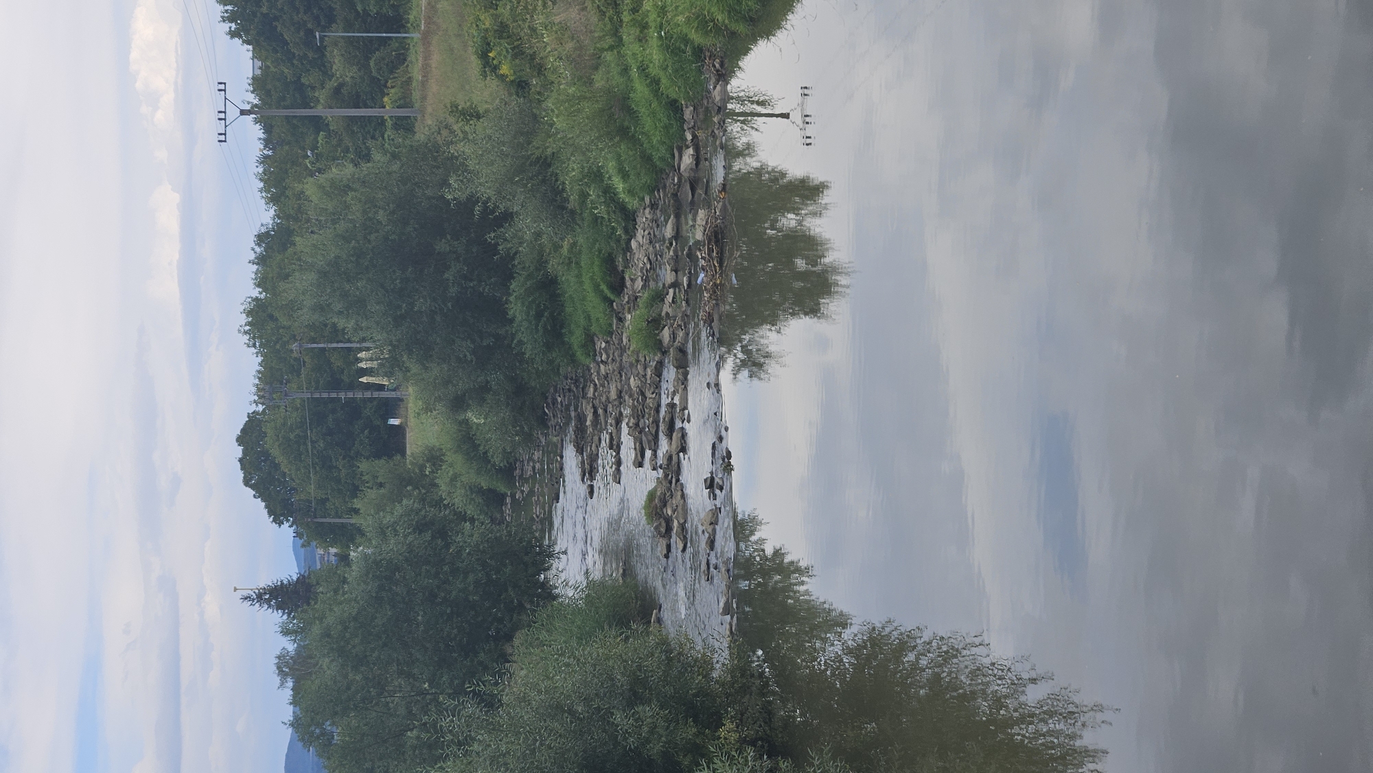 The image depicts a moderately flowing river bordered by dense green foliage on both banks. The riverbed is rocky, with many stones visible just below the water's surface, and some areas appear to be shallow rapids. The water's surface is reflective, mirroring the cloudy sky and the surrounding trees.
On the right bank, there is a grassy area with scattered trees and a visible power line pole with multiple insulators. In the background, beyond the trees, a distant hill or mountain range can be observed under a cloudy sky. A few white umbrellas are visible among the trees in the mid-ground. On the far right of the image, a single street light is present.
In the lower right portion of the river, there is a cluster of debris, including plastic bottles and branches, caught on rocks.
The location appears to be the Sekčov district in Prešov, Slovakia, specifically along the Torysa River, which is known for its natural landscape and occasional debris accumulation. There are no people or animals visible in the image. The overall atmosphere is natural and somewhat serene, despite the presence of litter.