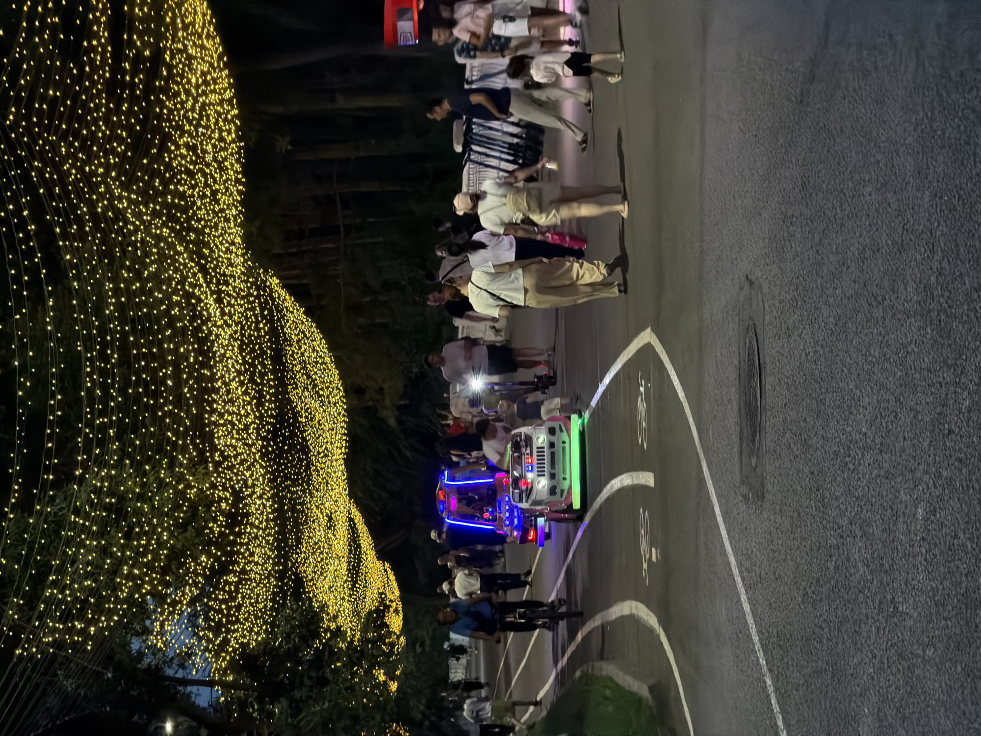 The image depicts a nighttime scene in a park or walkway decorated with numerous strings of yellow lights overhead, creating a canopy effect. In the foreground, a paved pathway is marked with white lines, indicating lanes for cycling and pedestrian use. Several people are visible walking and riding bicycles. A notable object in the middle ground is a brightly lit, colorful miniature vehicle that resembles a small car or novelty ride, with neon blue and green lights. Some individuals are interacting with this vehicle. In the background, trees are visible, and more people are seen in the distance. The overall atmosphere is festive and illuminated by the overhead lights and the vehicle's glow. The image does not provide specific visual cues to identify the location as Pavlodar, Kazakhstan.