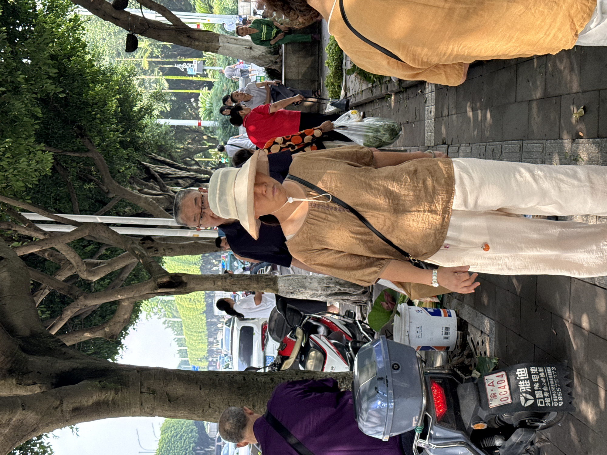 A group of people walk along a sidewalk lined with trees. A woman in a wide-brimmed hat and beige outfit is in the foreground, facing the camera. She is wearing a crossbody bag. Behind her, a man in a dark shirt with glasses walks. To the left, a person in a purple shirt walks away from the camera. Further back, other individuals are visible walking, and a woman in a red shirt carries a plastic bag of groceries. A motorcycle is parked on the left side of the sidewalk. In the background, cars are visible on a road, and foliage lines the street. The scene appears to be in a city, possibly Jiangjin, China, given the context.