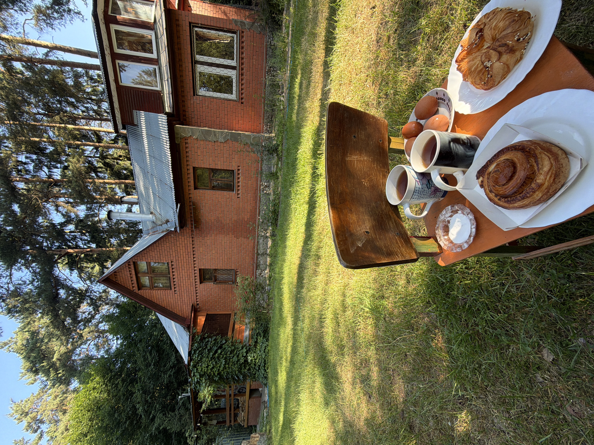 In Udelnaya, Russia, a breakfast spread is laid out on a wooden table in front of a red brick house. Two mugs of tea sit beside a small dish of sugar and three boiled eggs on a plate. Two pastries, one a swirl and the other a flaky croissant-like pastry, are also on the table. The scene is set on a grassy lawn with tall trees in the background. The house appears to be a two-story structure with a metal roof and visible windows. The sunlight casts shadows across the grass, indicating it is likely morning or late afternoon.