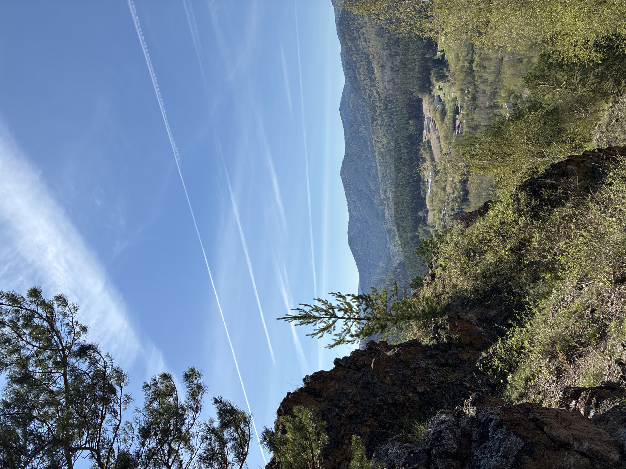 The image captures a scenic view of a mountain landscape under a clear blue sky marked with contrails. A rocky outcrop dominates the foreground, featuring sparse vegetation and a small evergreen tree clinging to its surface. In the midground, a forested mountain range extends towards the horizon, and a glimpse of a valley below suggests a settlement of buildings nestled within the trees. The absence of people and actions implies a still, natural environment. The location's city and state are unidentified.