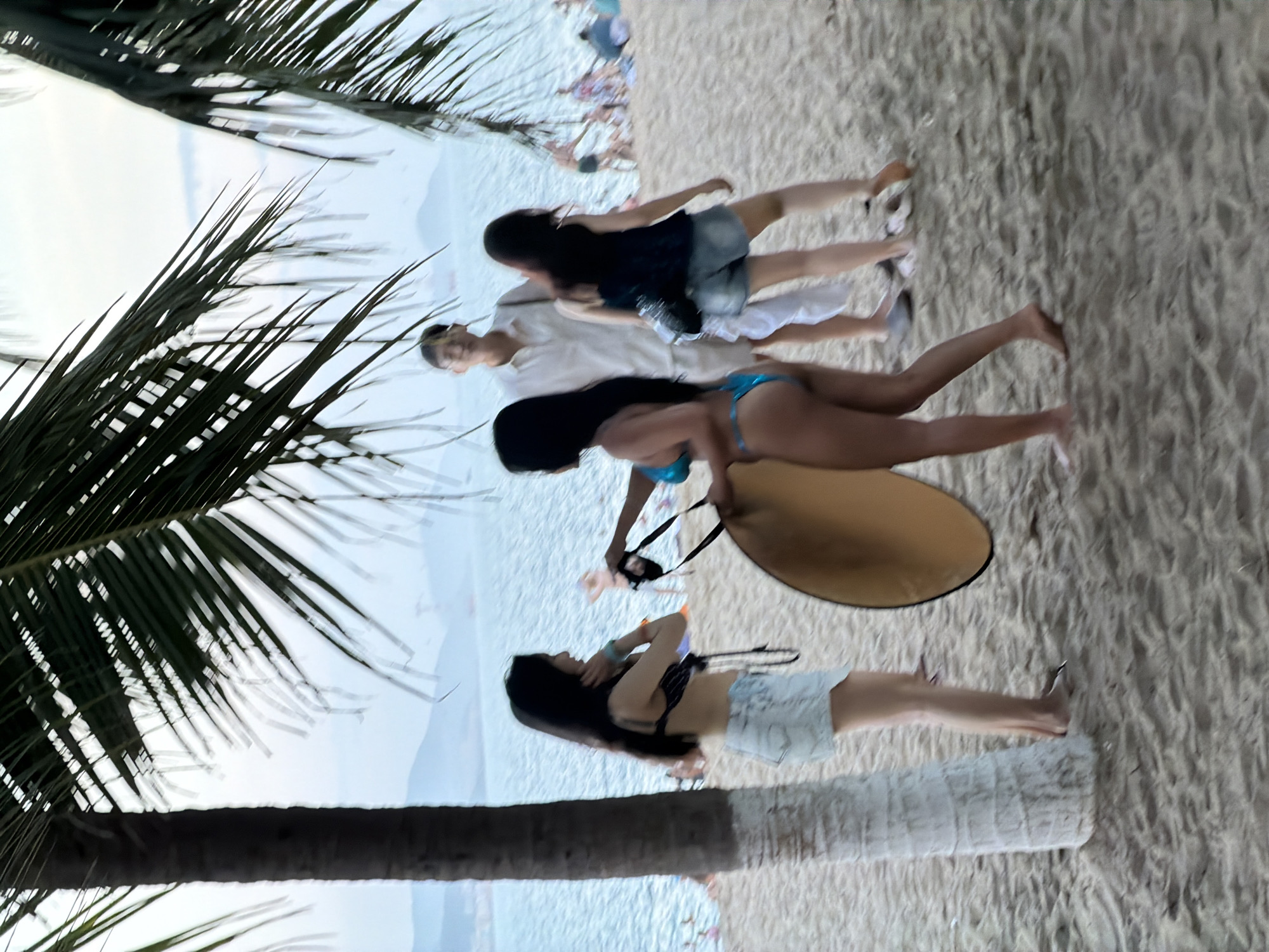 On a sandy beach in Nha Trang, Vietnam, a group of four individuals are visible near the waterline, partially obscured by palm fronds. The scene is likely during the day, with soft lighting suggesting either early morning or late afternoon.
In the foreground, a woman with long dark hair, wearing a black and white patterned bikini top and light blue denim shorts, stands to the left. She is looking to her left. To her right, another woman with long dark hair, dressed in a bright blue bikini, is holding a large, circular, tan object with a black strap. They appear to be interacting, with the woman in the blue bikini extending the object towards the first woman.
Behind them, a man in a light-colored collared shirt and shorts stands facing forward, his hands clasped in front of him. To his right, a woman in a dark top and denim shorts is seen from behind, facing towards the water.
The background shows the ocean with gentle waves, and a hazy coastline with mountains or hills in the distance. Other beachgoers are scattered further down the beach, some visible as small figures. The sand is textured with footprints and ripples. The overall atmosphere is relaxed and typical of a beach resort environment.