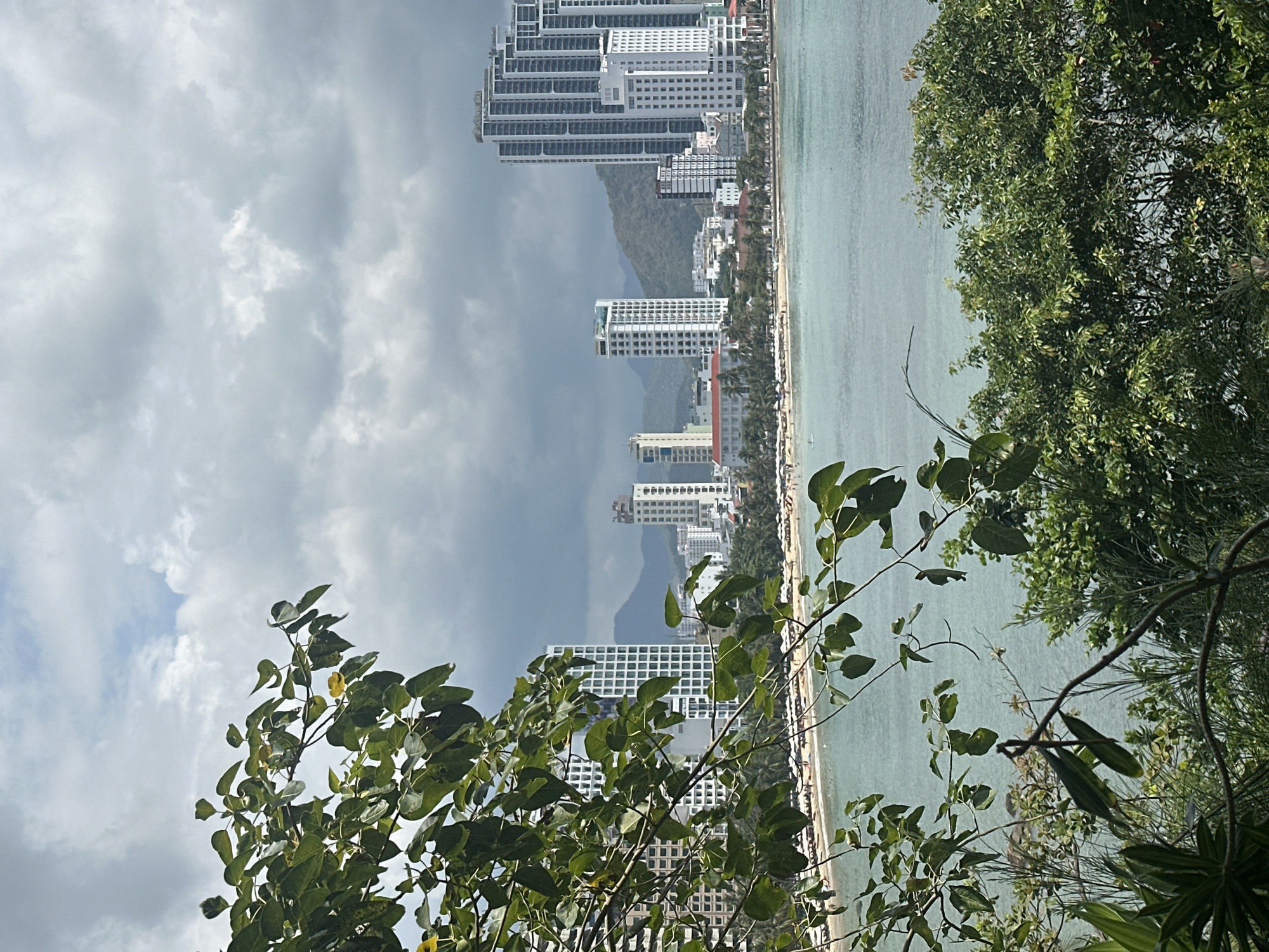 The image shows a view of Bac Nha Trang Ward, Vietnam, from an elevated position through foliage. The coast and beach are visible with a line of high-rise buildings along the shore. The water is calm. Clouds cover the sky. The foreground is filled with green foliage.