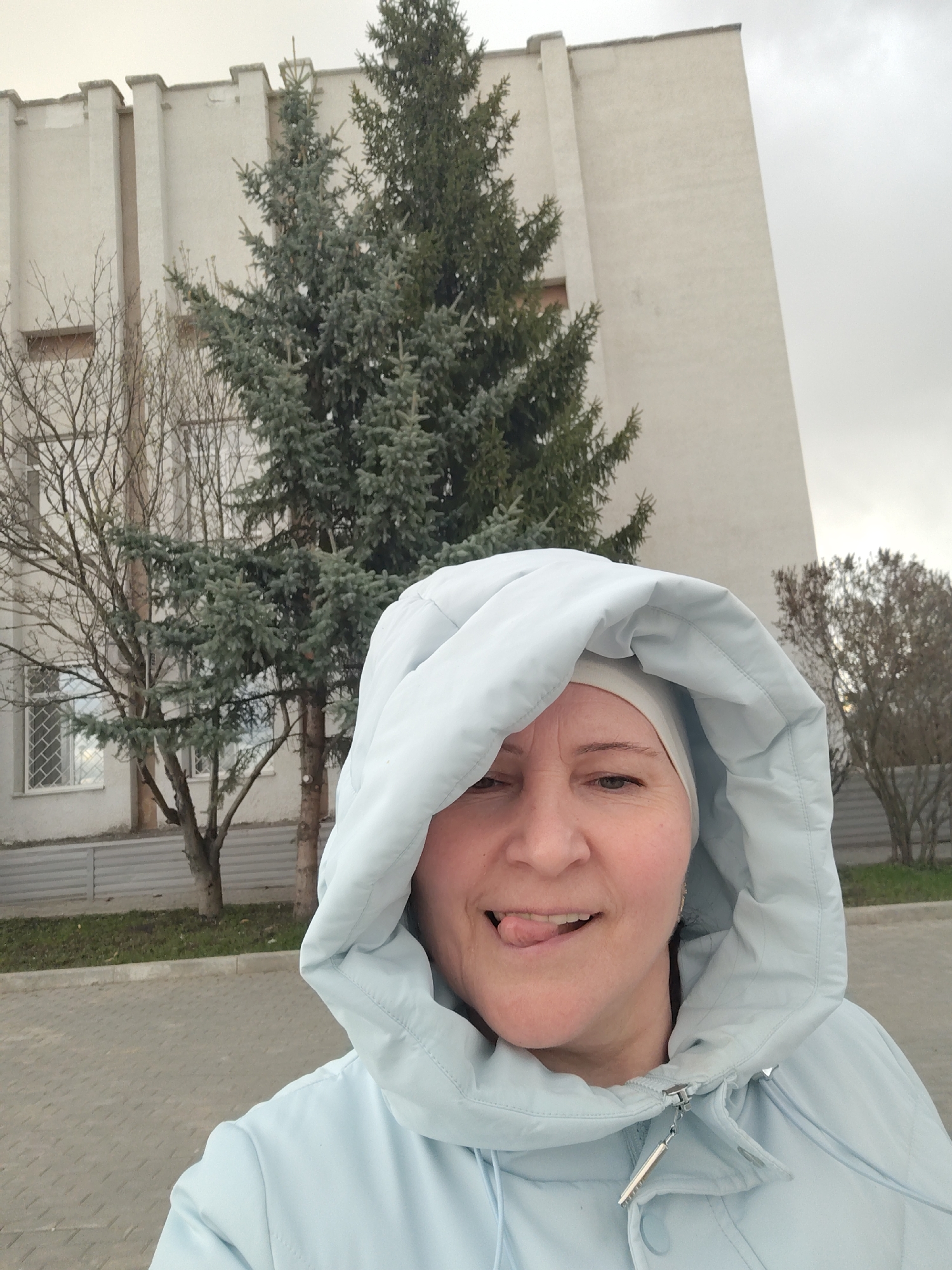 A woman is captured in a close-up selfie outdoors, wearing a light blue hooded jacket with the hood pulled up over her head. She also has a white or light-colored head covering visible beneath the hood. Her expression is playful, featuring a wink with one eye and her tongue slightly sticking out.
The background shows a large, light-colored building with vertical architectural elements or columns. To the left, a bare deciduous tree stands in front of the building, while a tall, dense evergreen coniferous tree (resembling a spruce or fir) is more centrally located behind the woman. On the right side, another smaller, bare shrub or tree is visible in the distance. The ground beneath is a paved area made of rectangular pavers, likely a sidewalk or pedestrian path. The sky is overcast and gray.
The image depicts a casual, lighthearted moment, suggesting the woman is enjoying her time outdoors, possibly on a cool or chilly day given her attire. The overall setting points to an urban or semi-urban environment in Yanaul, Russia. No text is visible in the image.