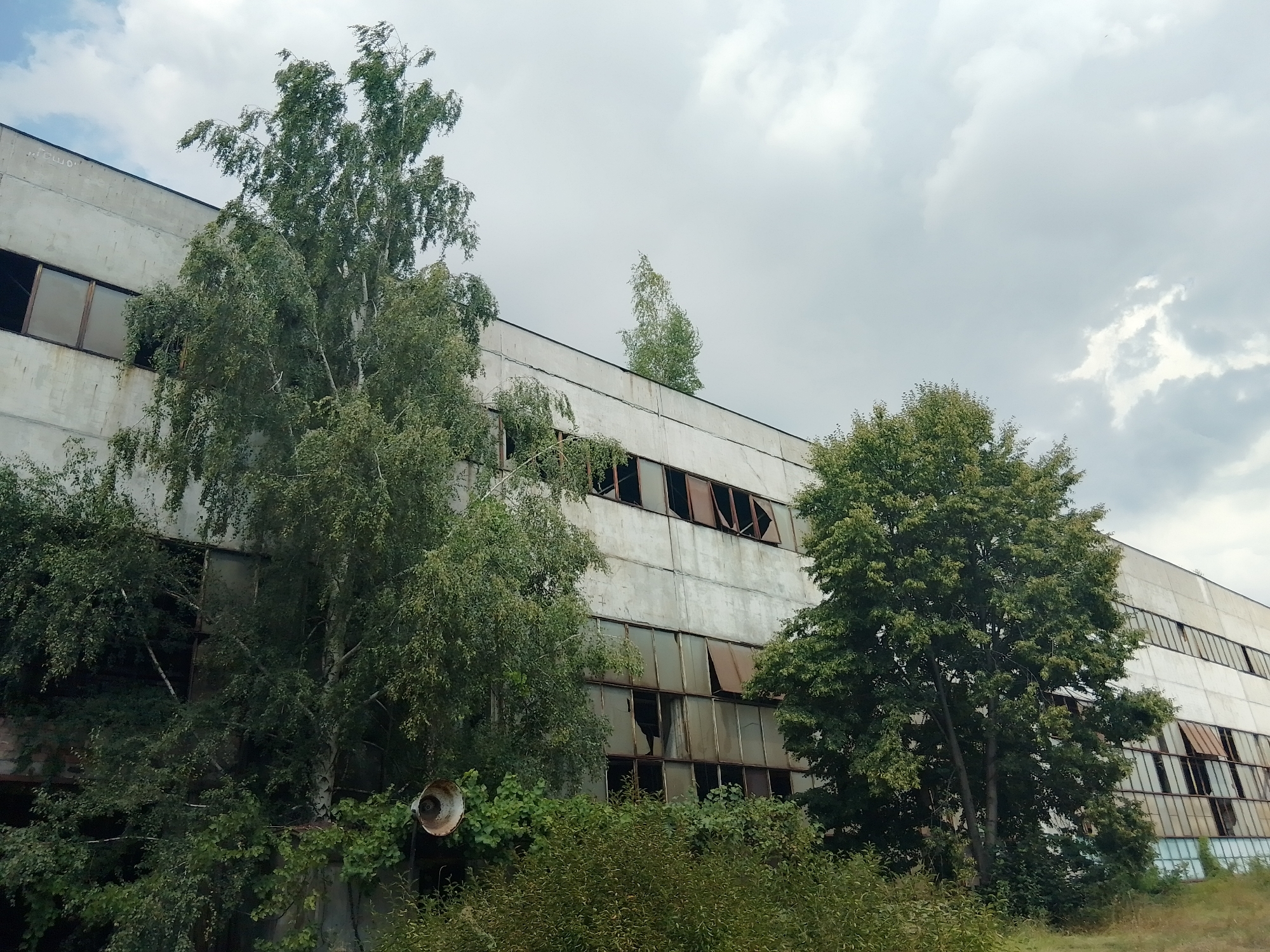 An exterior, low-angle, medium shot captures a long, white, concrete industrial building under a cloudy sky. The building appears abandoned, with several large, broken windows visible along its facade. Trees and overgrown vegetation surround the structure, with one large tree prominently positioned in the foreground to the left, and another to the right. A rusty, circular light fixture is mounted on a pole in the lower-left corner of the image, partially obscured by foliage. The overall scene suggests a state of disrepair and neglect.
