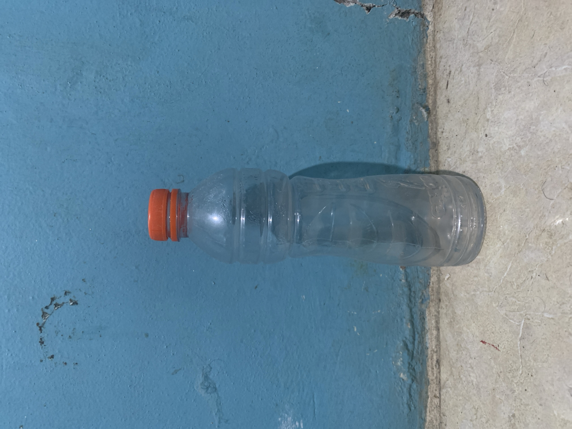 An empty, clear plastic beverage bottle with a bright orange screw-on cap lies horizontally in a corner, resting on a light-colored, textured floor. The bottle shows condensation or internal moisture, indicating it was recently emptied or exposed to temperature changes. It is positioned against a wall painted a distinct, muted blue color, which also exhibits a rough, textured finish, suggesting concrete or stucco. The blue wall shows signs of wear, including minor chips and dirt smudges, especially towards the upper and lower edges.
The floor, made of a light gray or off-white concrete-like material, is also textured and appears slightly dusty and worn. A distinct line where the wall meets the floor shows some accumulated dirt and minor debris. The scene is static, devoid of any human presence or activity, and seems to depict a casually discarded item in a utilitarian or outdoor setting. The lighting is even, suggesting either diffused natural light or artificial illumination, making it difficult to determine the exact time of day. No legible text is visible on the bottle or the surrounding surfaces. The location appears to be an unadorned or neglected area, possibly an alley, utility space, or a less-maintained part of a building in Santa Ana, Venezuela.