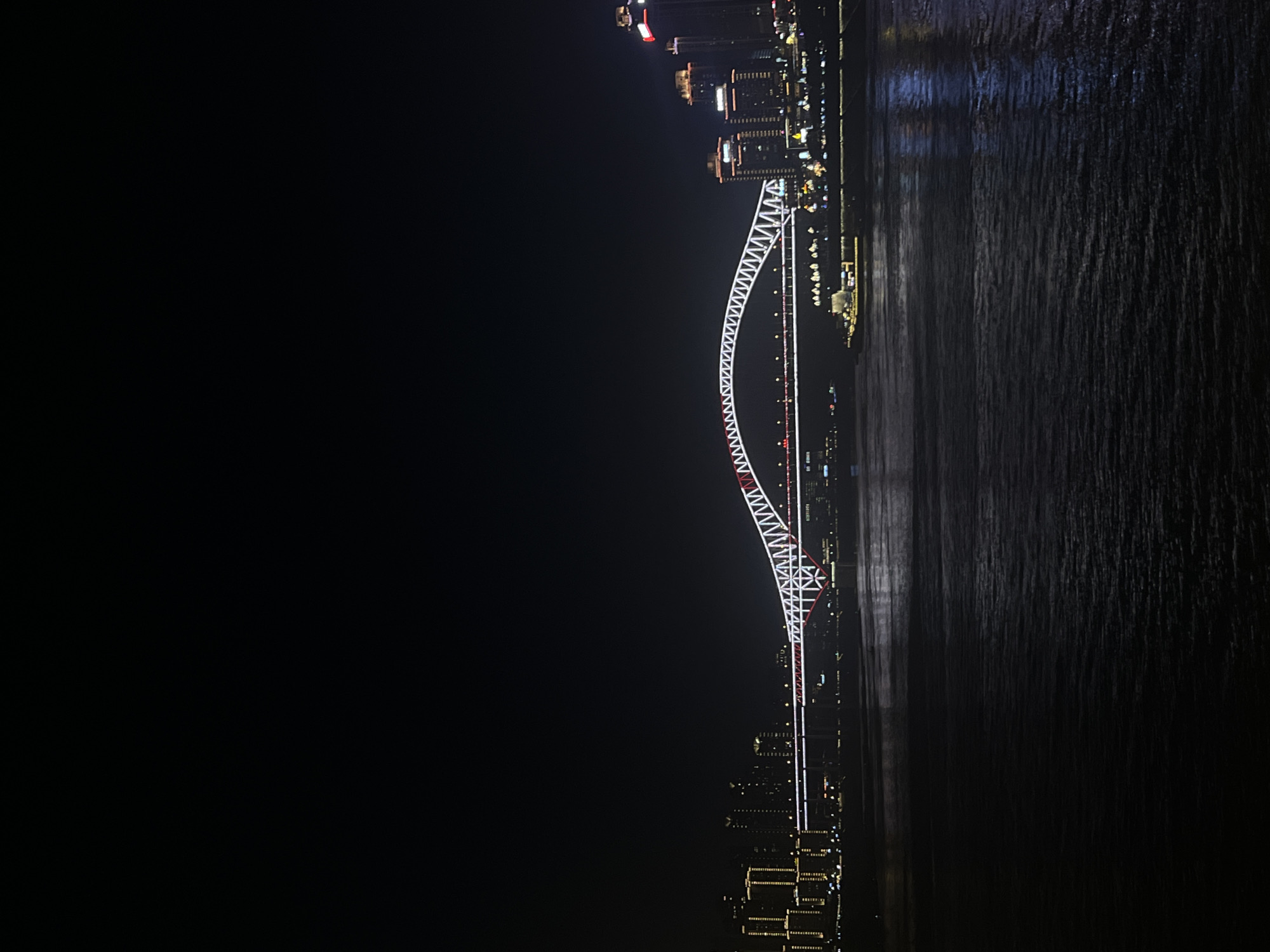 The image shows a nighttime view of a city skyline with a prominent bridge spanning across a body of water. The bridge is illuminated with white and red lights, creating a striking visual against the dark sky. The city skyline features numerous buildings, many of which are also lit up with yellow and white lights. A small boat with lights is visible on the water near the bridge. The water itself reflects the lights of the city and the bridge, creating a shimmering effect. The overall scene suggests an urban environment at night, likely a waterfront area in a developed city. The location is identified as Yuzhong District, China.