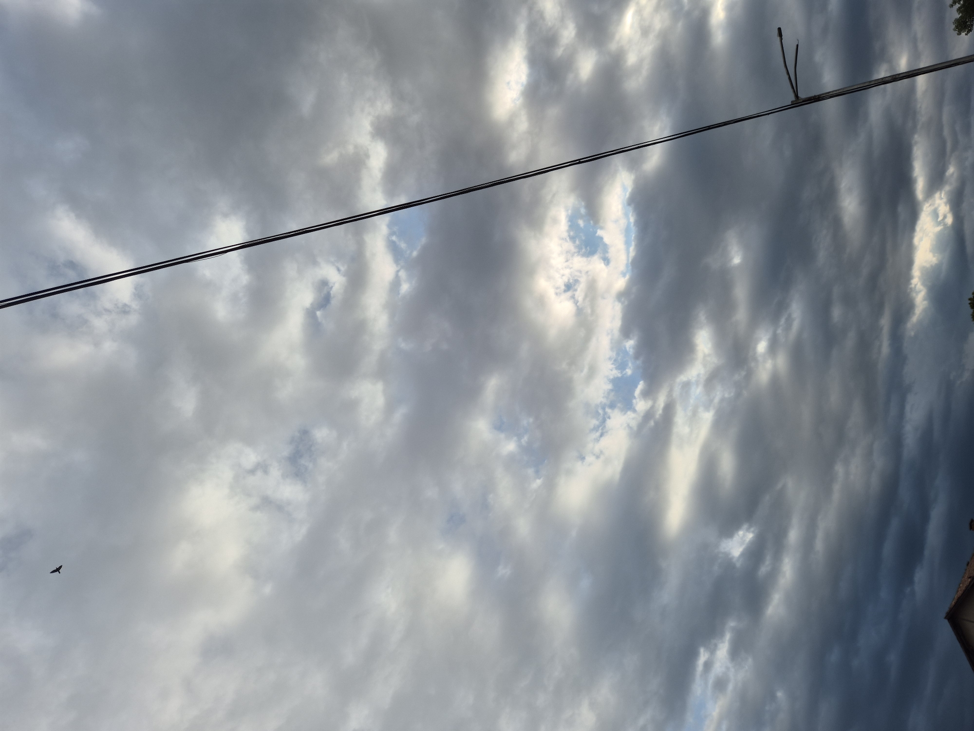 The image is a portrait-oriented shot depicting a dramatic and heavily clouded sky, with varying shades of grey and white dominating the frame. Patches of brighter blue sky are visible where the clouds break through.
Two dark, parallel utility wires run diagonally across the image from the bottom-left to the upper-right corner. In the upper-right section, these wires appear to connect to a dark, slender pole or support structure that extends slightly above the wires and has two distinct upward-curving elements.
A small, dark silhouette of a bird is captured mid-flight in the lower-left quadrant of the sky. The clouds show a mixture of illumination, with some appearing brightly lit, suggesting direct sunlight, while others are darker and denser, indicating thicker cloud cover.
In the extreme bottom-right corner, a small portion of a building's reddish-brown tiled roof is visible, and a hint of dark green foliage, possibly from a tree, can be seen at the very top-right edge. The scene suggests daytime, possibly late afternoon or early evening, with weather that is partly cloudy to overcast, conveying a sense of impending change or a recently passed weather event. There is no visible text in the image.