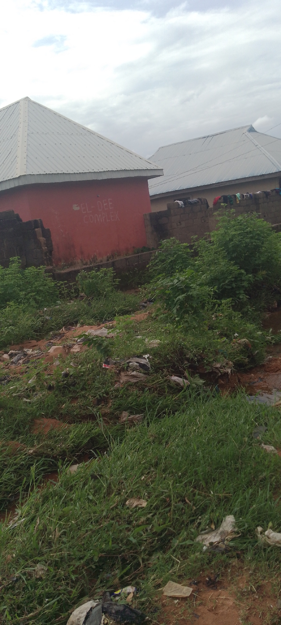 The image depicts the exterior of a red building with "EL-DEE COMPLEX" written in white on its wall. The building has a silver-colored corrugated metal roof. Adjacent to the red building, there is a brick wall, and beyond that, another building with a similar silver roof is visible. Clothes are hanging on the brick wall. The foreground of the image is filled with overgrown green grass and patches of bare, reddish-brown soil, with scattered debris including plastic bags and what appears to be discarded items. The sky is overcast with light gray clouds. The scene suggests an outdoor environment in a possibly undeveloped or neglected area. Based on the name "EL-DEE COMPLEX," and the architectural style, the location could be in Jalingo, Nigeria, a city known for its residential complexes.
