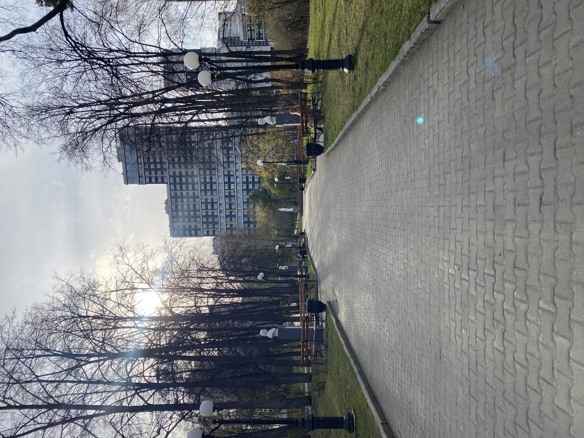 The image displays a paved park pathway curving gently into the distance through a green space in an urban environment in Yekaterinburg, Russia. The path itself is constructed from grey, interlocking stone pavers, creating a patterned surface.
Both sides of the pathway are lined with grassy areas and numerous deciduous trees, most of which are bare-branched, suggesting either late winter or early spring. Scattered among the trees are several park benches, typically wooden slats on metal frames, often accompanied by dark trash cans. Distinctive lampposts with dark bases and two spherical white lights illuminate the path at regular intervals. Along the right side of the path, at least two white busts on pedestals are visible, adding an artistic element to the park's design.
In the background, beyond the trees, tall, modern-looking buildings with multiple windows rise against the sky, indicating the park's integration within a city landscape. The sky is partly cloudy, and the sun is low, positioned to the left side of the pathway (when viewed straight on). It casts bright lens flares through the bare tree branches, suggesting either early morning or late afternoon.
The park appears quiet and uncrowded, with no discernible people or specific activities taking place. No visible text is present within the image. The scene conveys a sense of peaceful urban parkland during daylight hours.