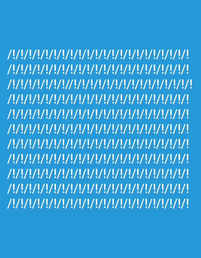 The image is a graphic design featuring a pattern of white slashes and exclamation points on a solid blue background. The pattern is arranged in horizontal rows that fill the majority of the image, creating a textured effect. There are no people, objects, or environmental elements present that could indicate a specific location in a city or any other setting. The image is purely abstract and decorative.