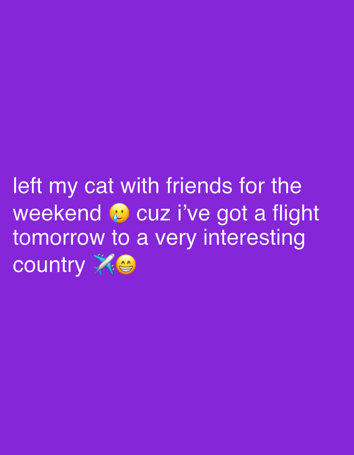 The image displays white text centered against a solid, vibrant purple background. The text reads: "left my cat with friends for the weekend 🥲 cuz i've got a flight tomorrow to a very interesting country ✈️😁".
The subjects implied are the person who posted the message ("I"), their cat, and their friends. The event taking place is the speaker's preparation for a trip, which involves leaving their pet cat with friends for the weekend. An upcoming flight is scheduled for "tomorrow" to an unspecified but "very interesting country."
Notable details include the emotional cues provided by the emojis: a "smiling face with tear" emoji (🥲) suggests a mix of sadness or sentimentality about leaving the cat, while an airplane emoji (✈️) and a "beaming face with smiling eyes" emoji (😁) clearly indicate excitement and anticipation for the journey. The message conveys an imminent travel event. While the image itself provides no visual location cues, the external context states the location is Bar, Montenegro, suggesting this could be the departure point or the destination. The time of day is not depicted, but the mention of "tomorrow" points to a future event.