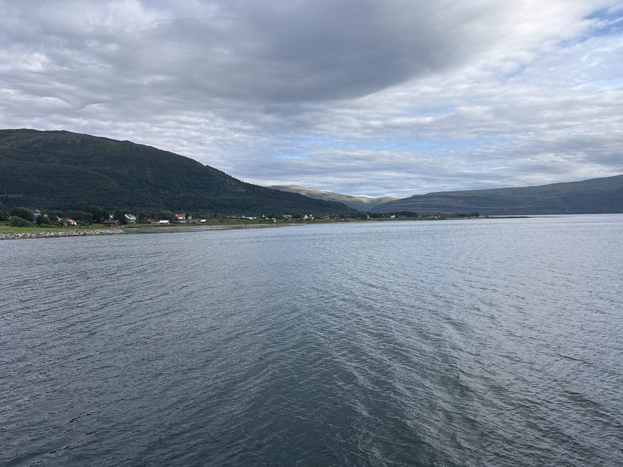 The image depicts a wide body of water, likely a fjord, with a village nestled along its shoreline. The village consists of scattered houses with red roofs, interspersed with trees. Behind the village, a steep, tree-covered mountain rises dramatically. The sky is overcast with heavy, dark clouds, but patches of lighter clouds and some blue sky are visible in the distance. The water is choppy, with small waves creating a textured surface. The overall impression is one of a serene, somewhat somber, natural landscape with a human settlement. The scene is consistent with the topography and typical settlement patterns found along the coast of Nesna, Norway, where fjords and mountains are prevalent.