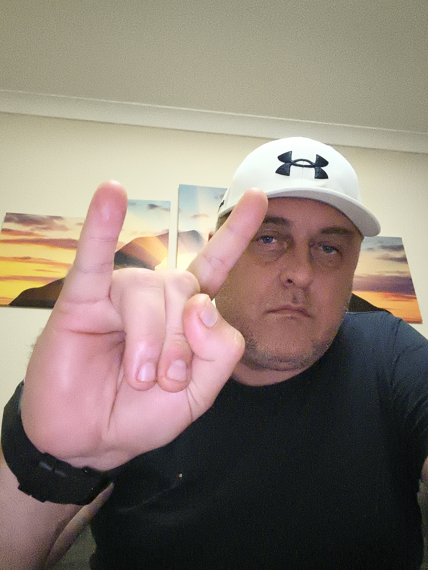 A man is captured in a close-up, chest-up selfie, making a "rock and roll" or "devil horns" hand gesture with his left hand prominently in the foreground. He is wearing a white baseball cap with the black "Under Armour" logo visible on the front, and a plain black t-shirt. A black digital or fitness watch is on his left wrist. The man has a neutral to slightly serious expression, looking directly at the camera. He has short hair and some stubble on his face. In the background, three framed or canvas pictures depicting a vibrant sunset or sunrise over a mountain or hill landscape are arranged on a light-colored wall, separated by narrow gaps. A white baseboard or trim runs along the top of the wall, suggesting an indoor setting. The scene appears to be in a home or casual interior in Huntingdonshire, United Kingdom. The lighting is artificial, illuminating the man from the front.