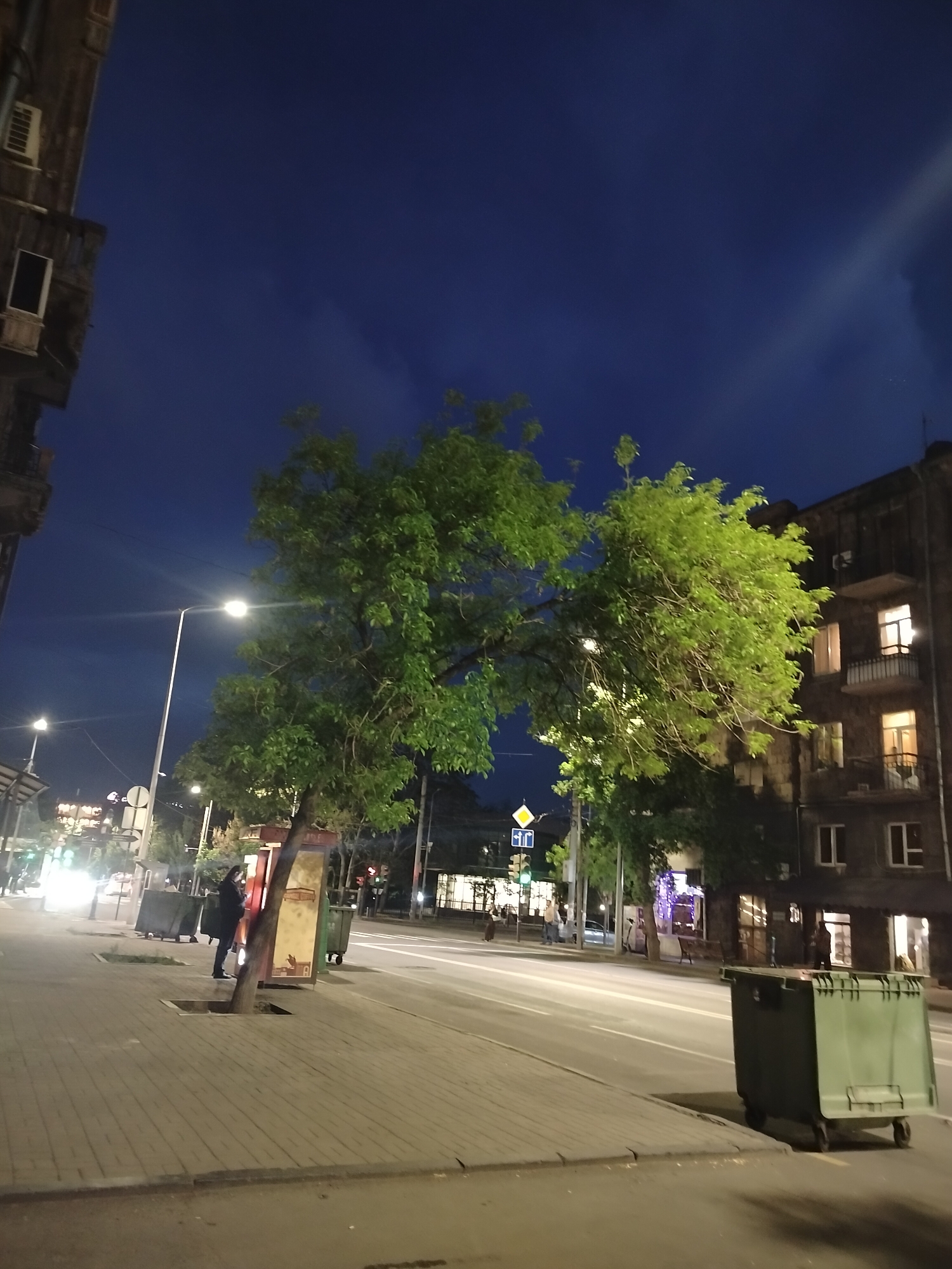 The image depicts a street scene in Yerevan, Armenia, at night. The sky is a deep blue. On the left, a multi-story building stands with visible windows and balconies. A street lamp illuminates the sidewalk, where a person is standing near a red and beige structure, possibly a kiosk or bus stop. A row of green trash containers lines the sidewalk. The street itself is empty, with white lane markings visible. Across the street, there is another building with lit windows and balconies. Traffic signals and pedestrian crossings are visible in the distance. The street is lined with trees.