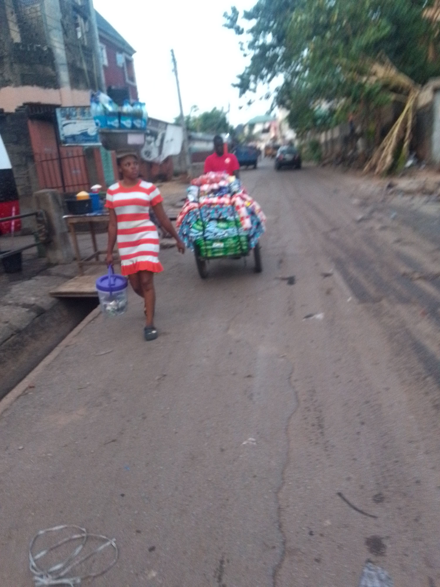 The image shows a street in Unknown, Unknown. A woman in a red and white striped dress is walking along the left side of the road, carrying a purple bucket. To her right, a man in a red shirt is pushing a green cart loaded with colorful items. Two cars are visible further down the street. The surroundings appear to be a residential area with buildings and trees lining the road.