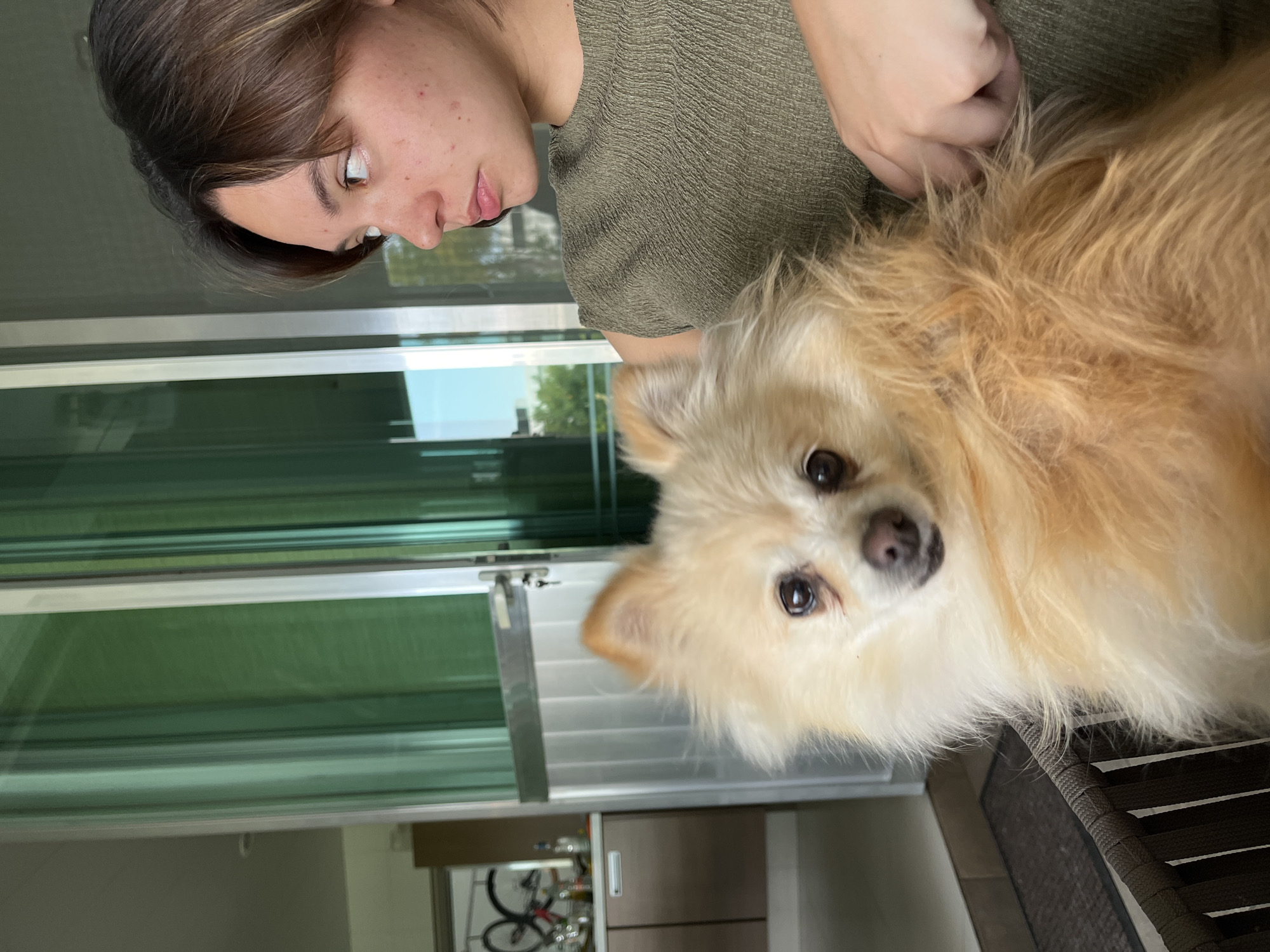 A person with short brown hair and an olive green shirt is sitting next to a tan, fluffy dog. The dog is looking up at the camera. They are inside near a sliding glass door, and there is a partial view of a kitchen behind them. The location is San Bernardino Tlaxcalancingo, Mexico.