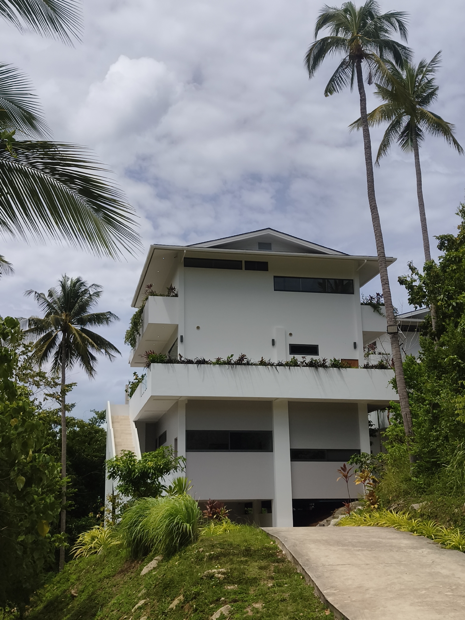 This image depicts a modern, multi-story white building situated in a lush, tropical environment, characteristic of Ko Samui District, Thailand. Tall palm trees with slender trunks and feathery fronds flank the structure, their leaves rustling against a cloudy sky. The building features clean lines, large dark-framed windows, and multiple balconies adorned with greenery. A concrete pathway curves upwards towards the building, bordered by verdant grass and tropical foliage. The scene suggests a residential or resort property, with the vibrant natural landscape contrasting with the architectural design. There are no people visible in the image.