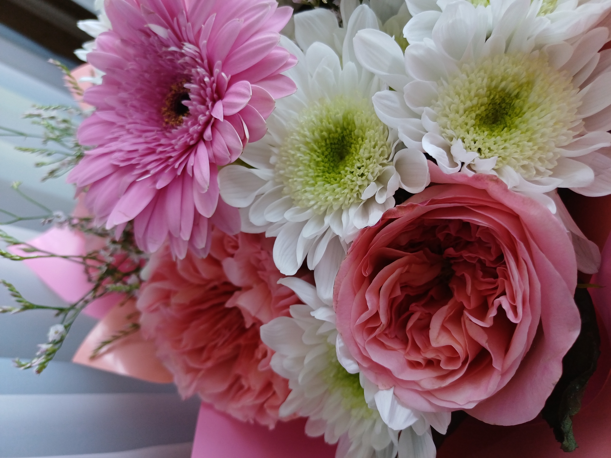 A close-up, top-down shot captures a vibrant bouquet of flowers. Dominating the frame are a large pink gerbera daisy and a deep pink rose, its petals unfurling in intricate layers. Interspersed between these are several white chrysanthemums with pale green centers, and a coral-colored carnation. Delicate green sprigs add a touch of filler. The flowers are artfully arranged and partially wrapped in soft pink paper, hinting at a gift. The background is a blur of muted vertical stripes in shades of grey and blue, suggesting an indoor setting with soft lighting. The overall impression is one of beauty and fresh floral arrangement.