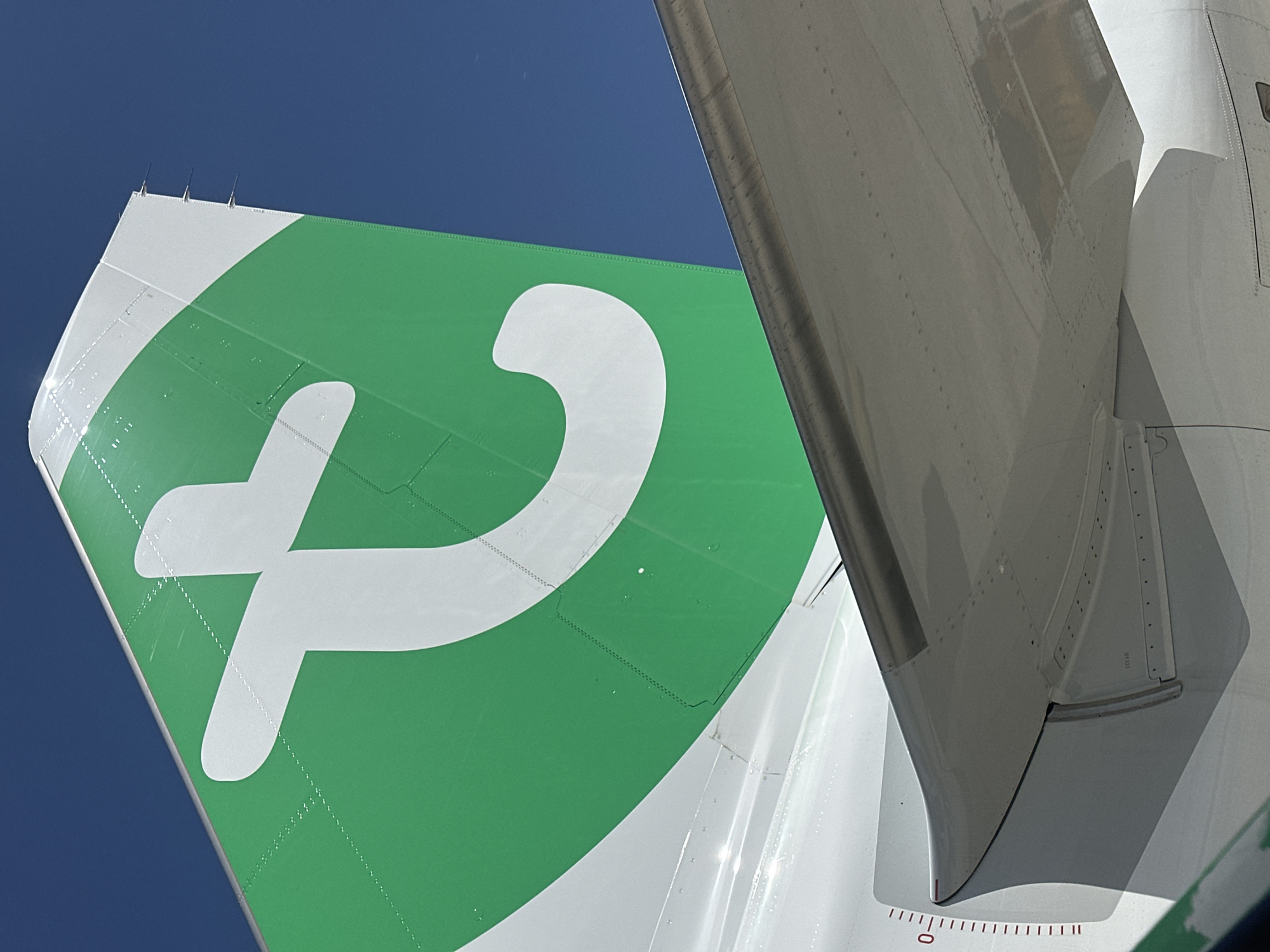 The image shows the tail of a Transavia France Boeing 737-800 aircraft, registration F-GZHK. The tail is green with a white "T" logo. The aircraft is located at the airport of Paray-Vieille-Poste, France. The sky is blue. A wing flap is visible.