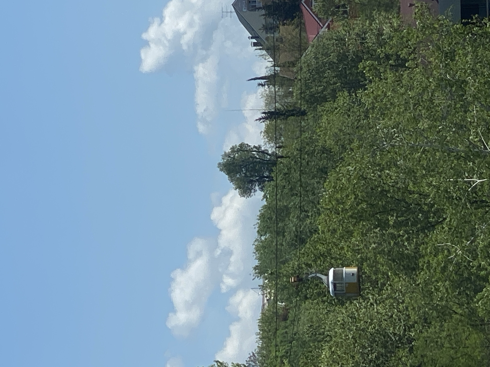 The image shows a yellow and white cable car traveling along a cable line amidst lush green trees. Above the trees, glimpses of buildings with red roofs and a clear blue sky with scattered white clouds are visible. The location is most likely in Sochi, Russia, based on the context.